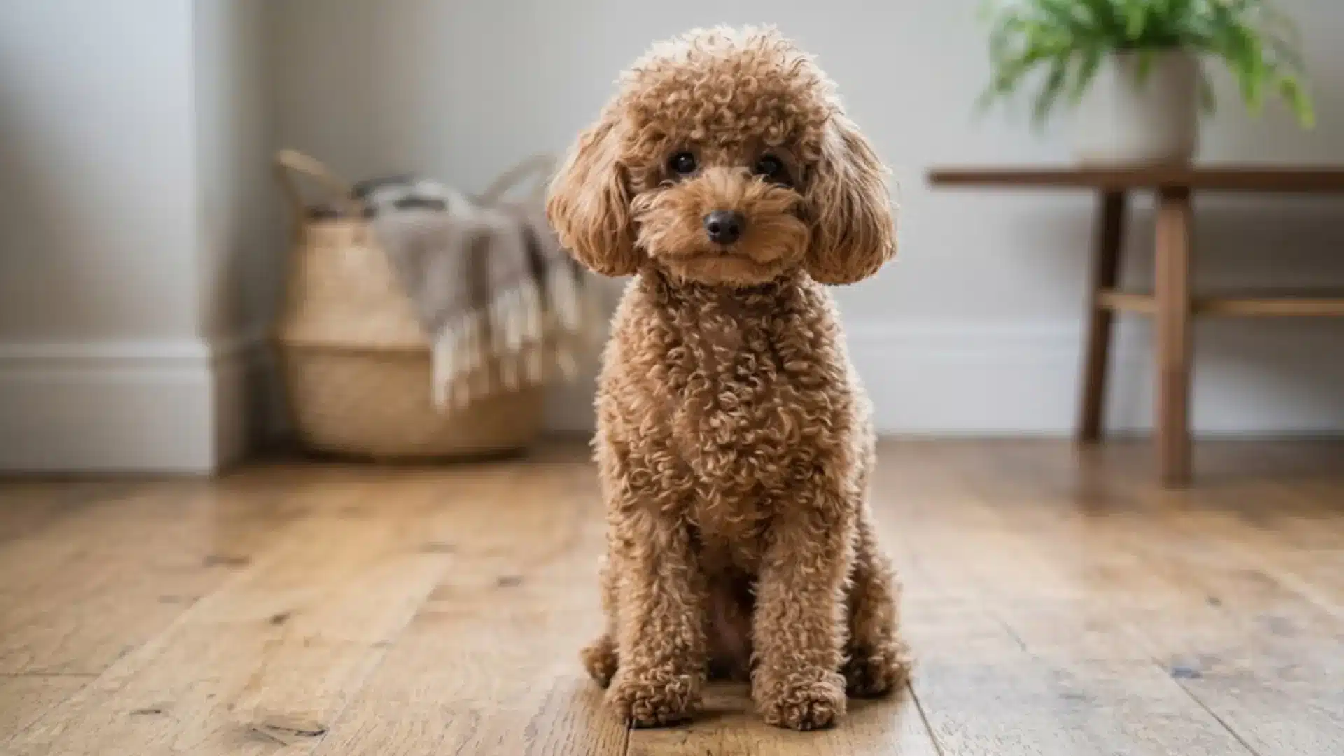 A cute brown toy whoodle poodle dog sits on a wooden floor.