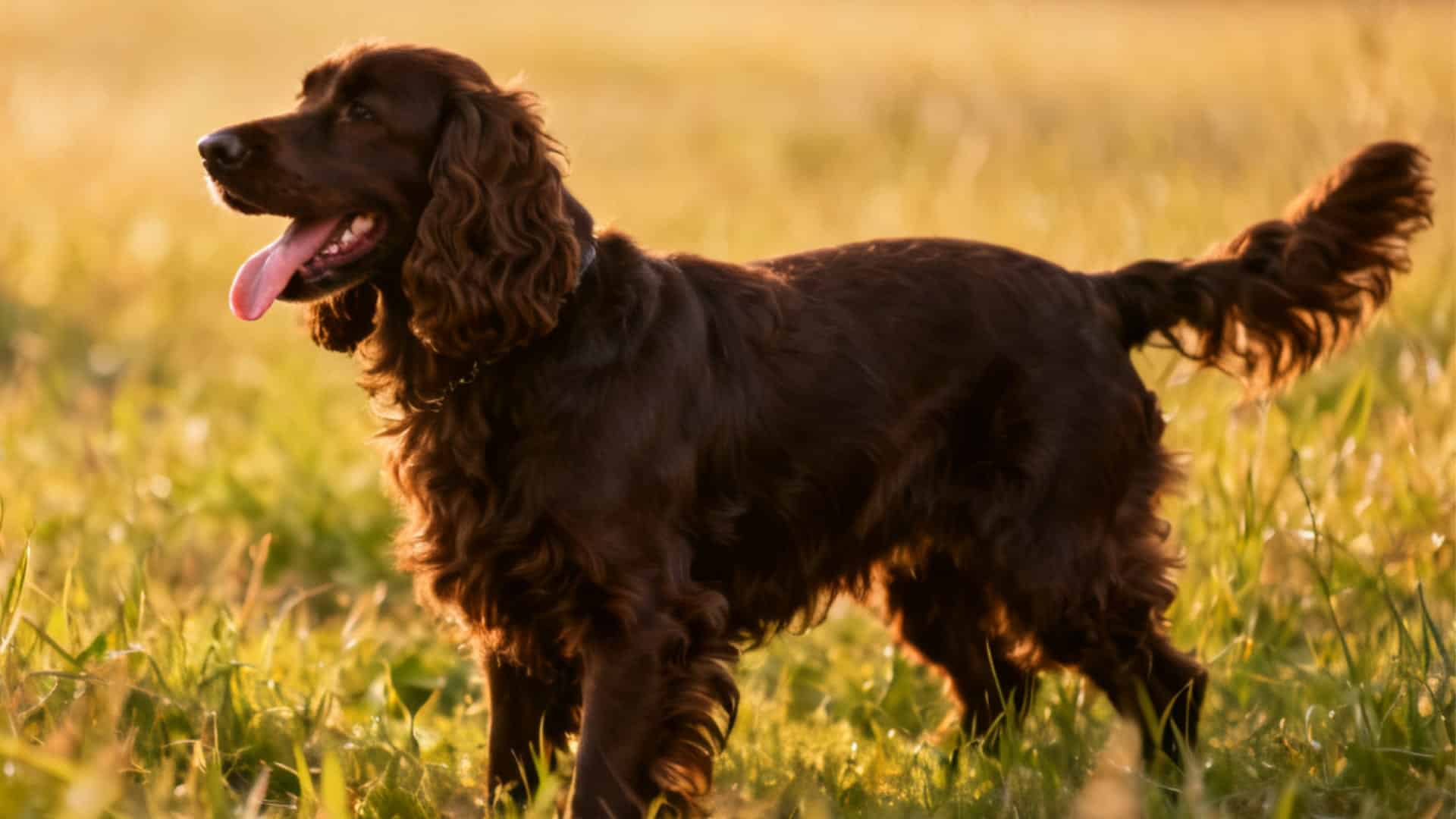 A dark brown Field Spaniel standing in a grassy field with its mouth open during golden hour
