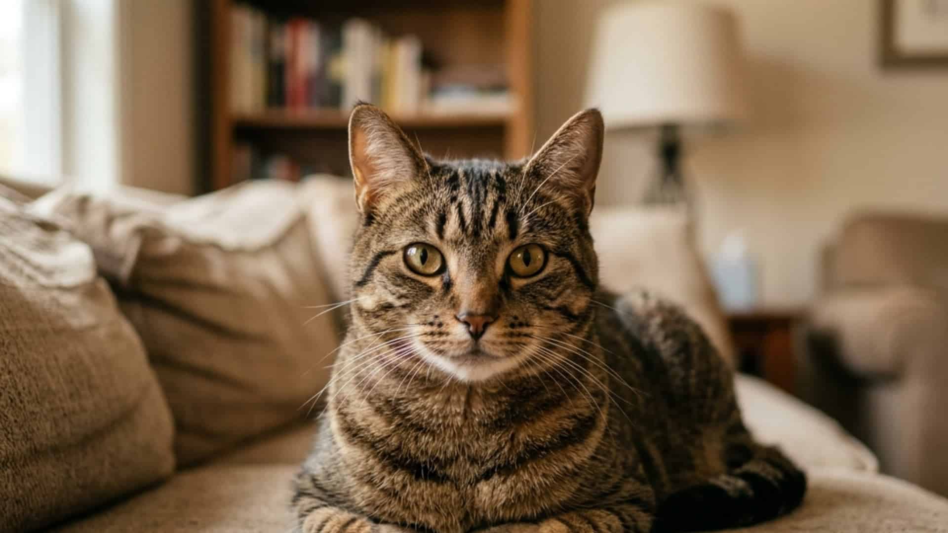 A detailed photographic portrait of a brown tabby cat sitting upright on a beige textured couch, gazing into the camera