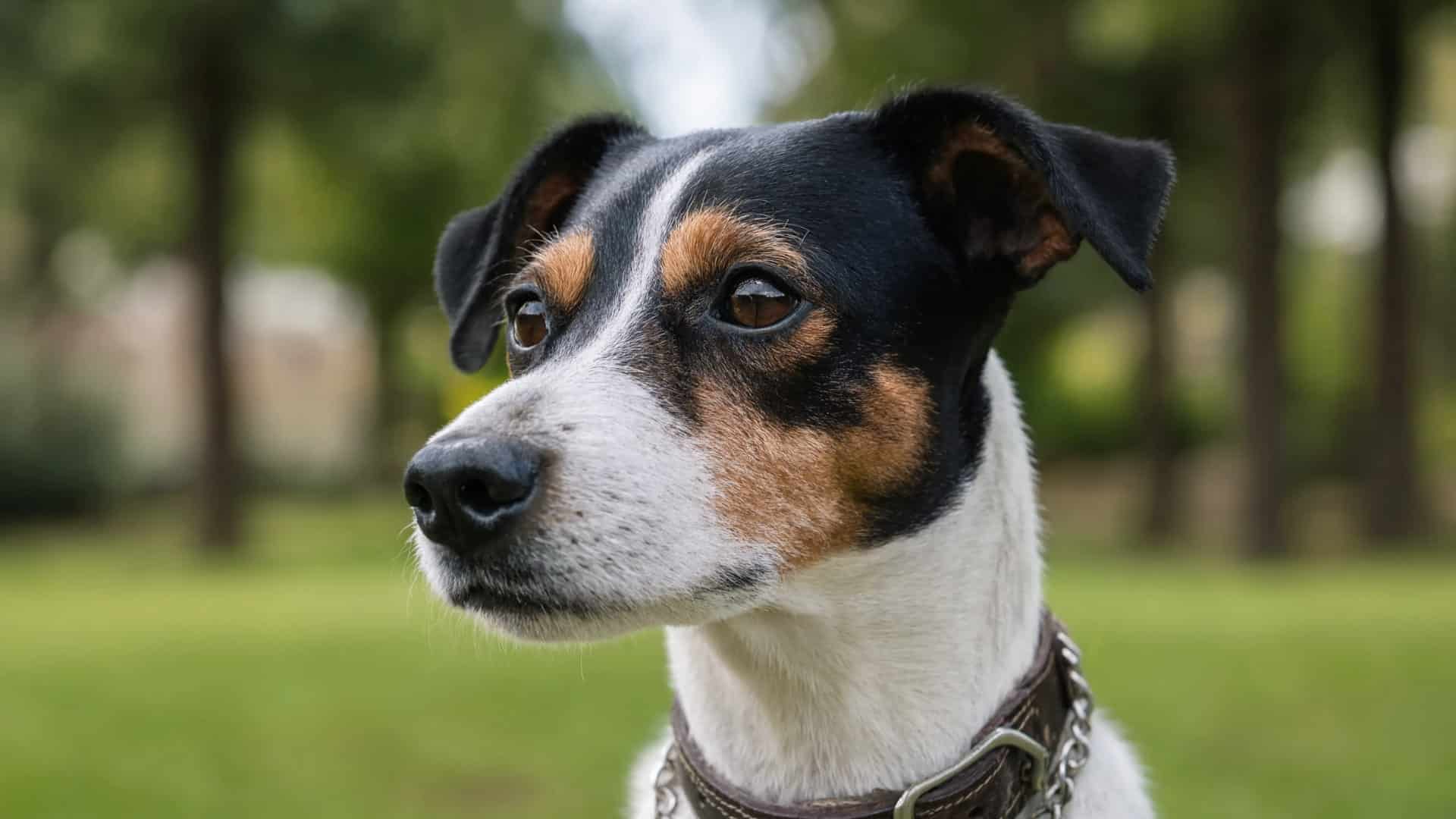 A dog with button ear wearing a leather and chain collar, looking to the side