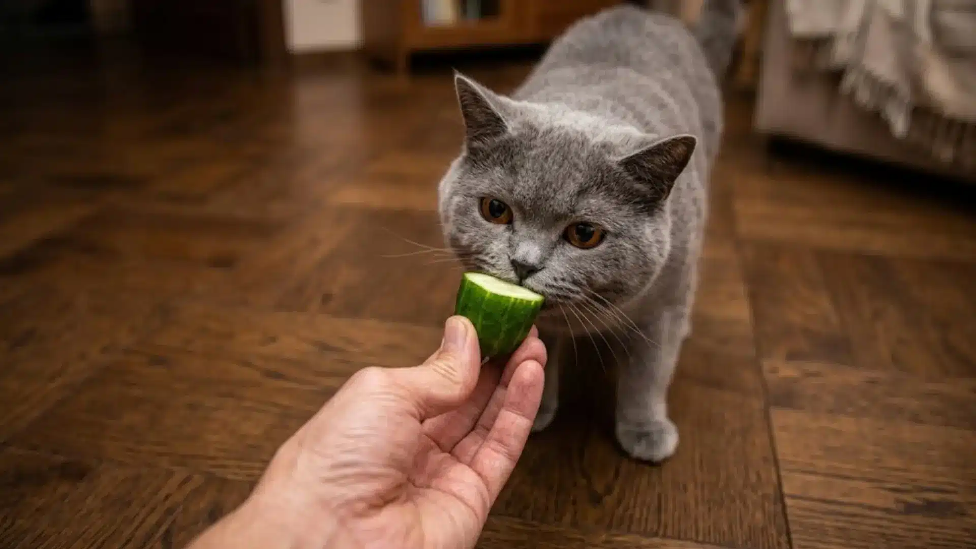 A first-person perspective photograph of a British Shorthair cat curiously smelling a cucumber slice