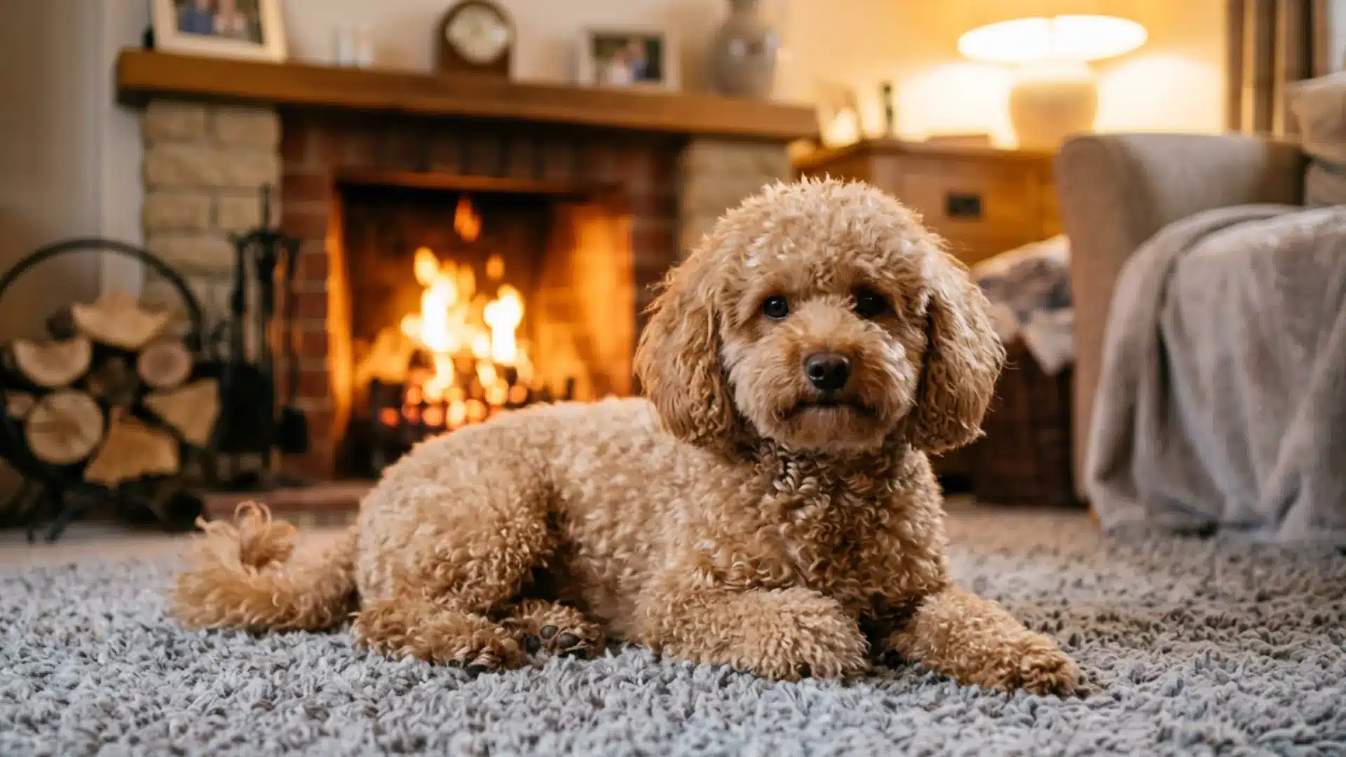 A fluffy brown poodle mix lies on a shag rug in a cozy living room with a blazing fireplace in the background
