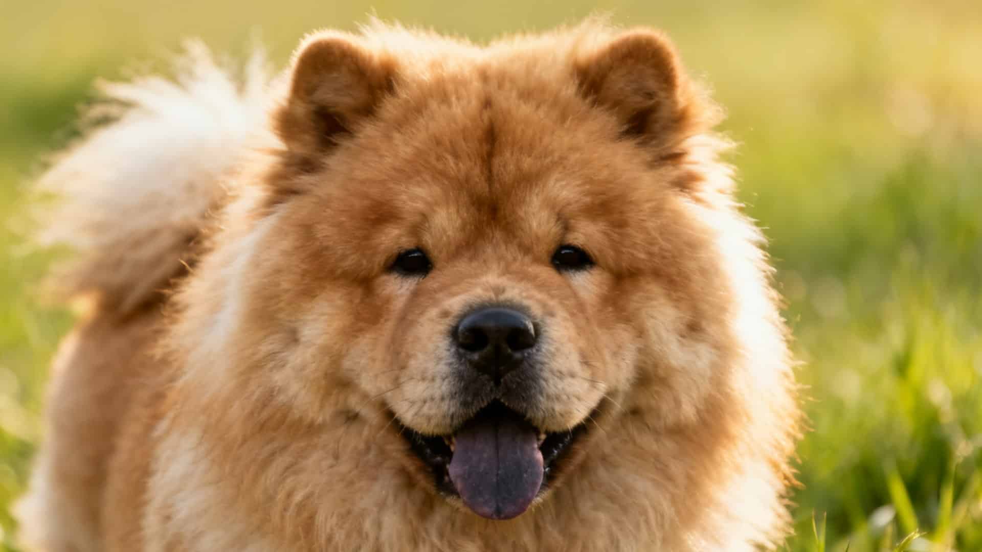 A fluffy, light brown Chow Chow with its characteristic blue-black tongue showing, in a grassy field (1)