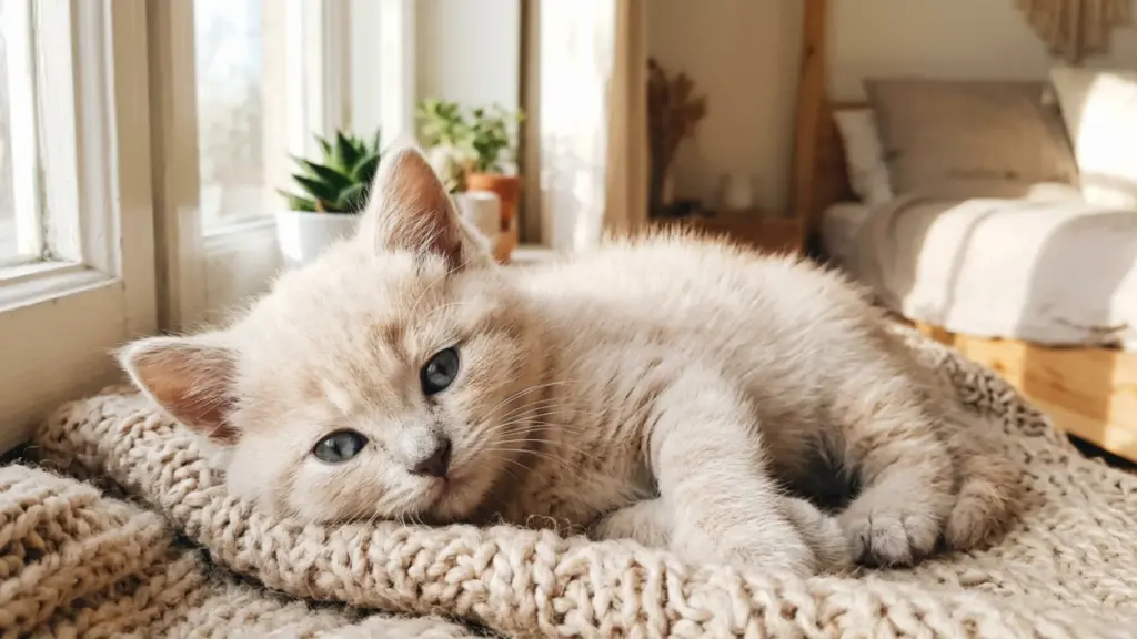 A fluffy, light cream kitten rests on a knit blanket by a sunlit window, looking at the camera