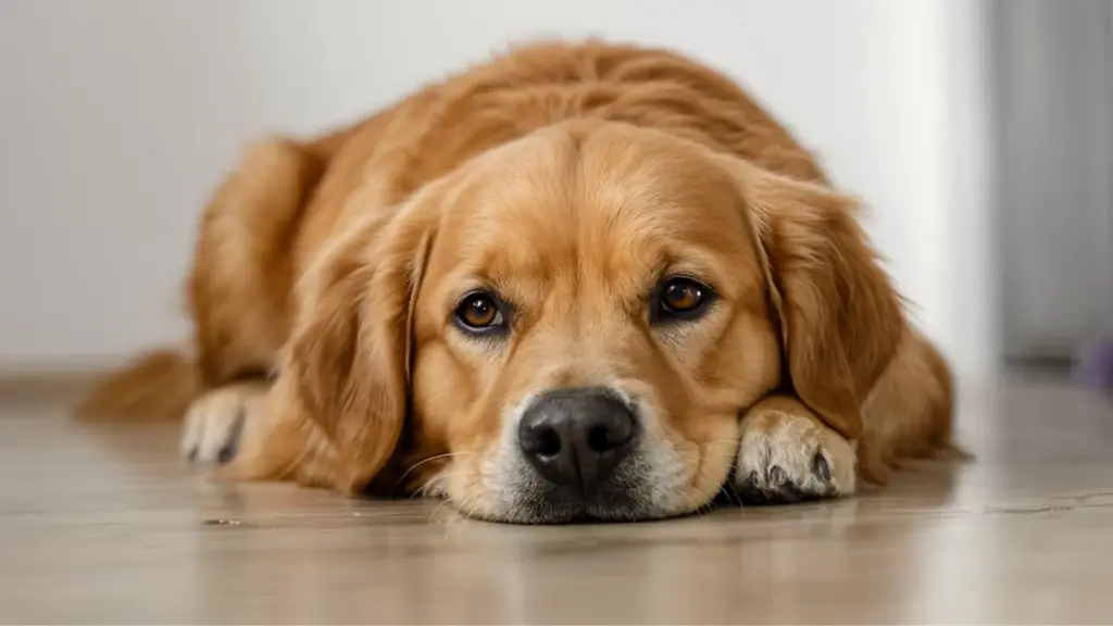 A golden retriever lies down on the floor with its chin resting on its paws, looking directly forward