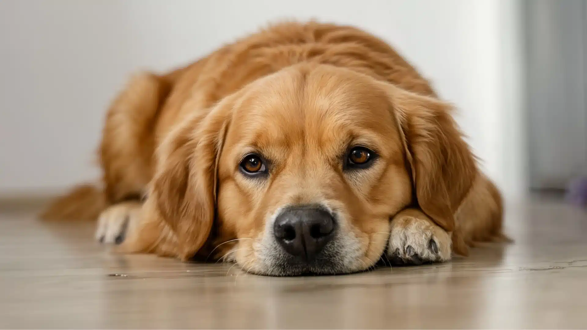 A golden retriever lies down on the floor with its chin resting on its paws, looking directly forward