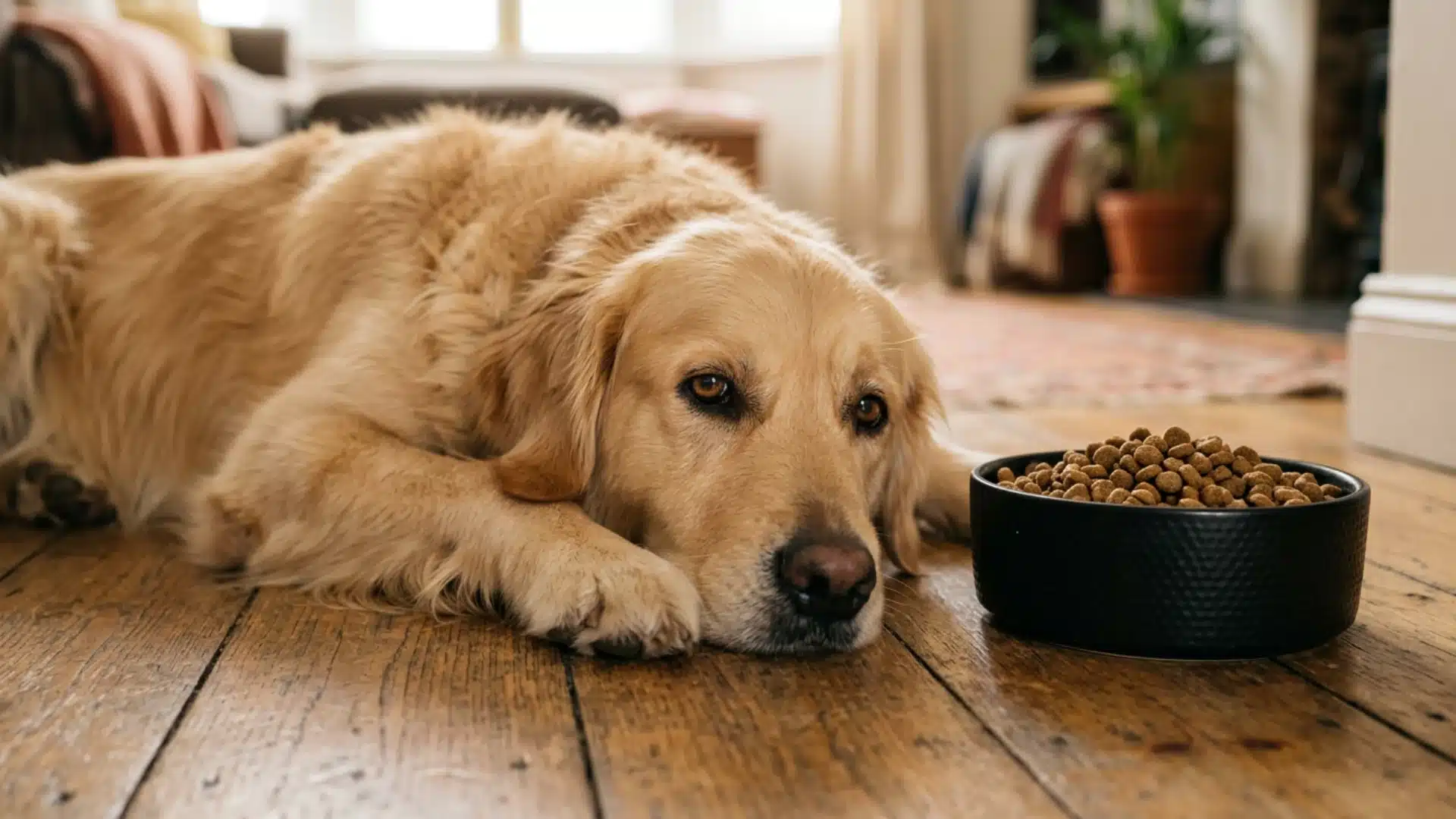 A golden retriever lies on a wooden floor, looking directly at the camera next to a black bowl filled with kibble