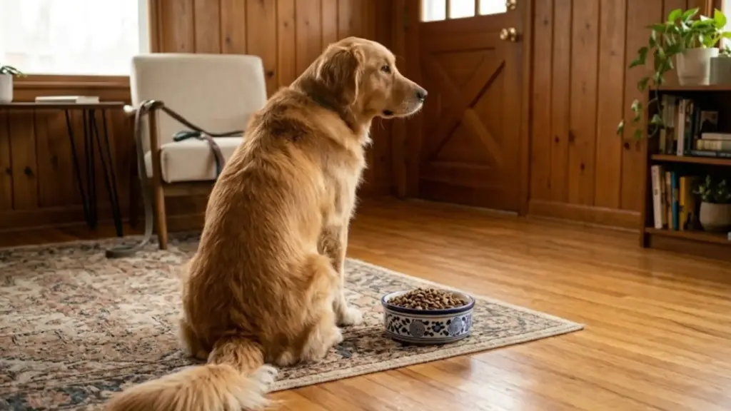 A golden retriever sits by a bowl of food on a rug in a wood-paneled living room