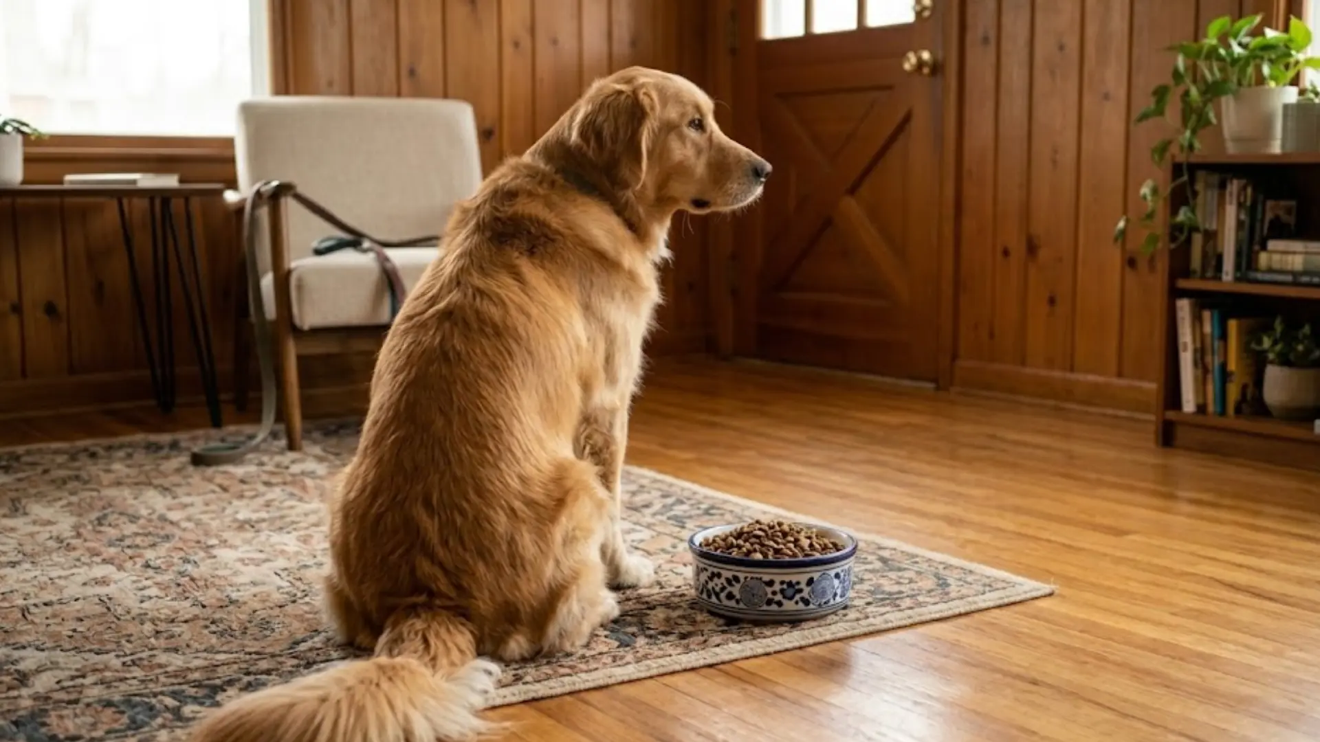 A golden retriever sits by a bowl of food on a rug in a wood-paneled living room