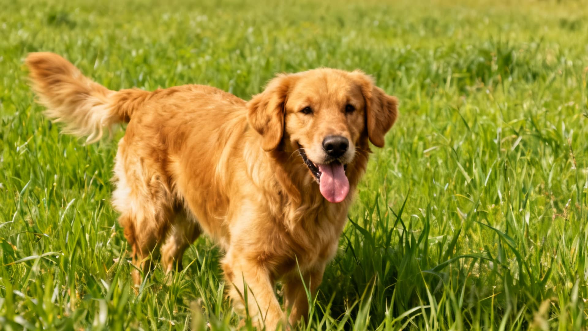 A golden retriever standing in a green grassy field with its mouth open and tongue out