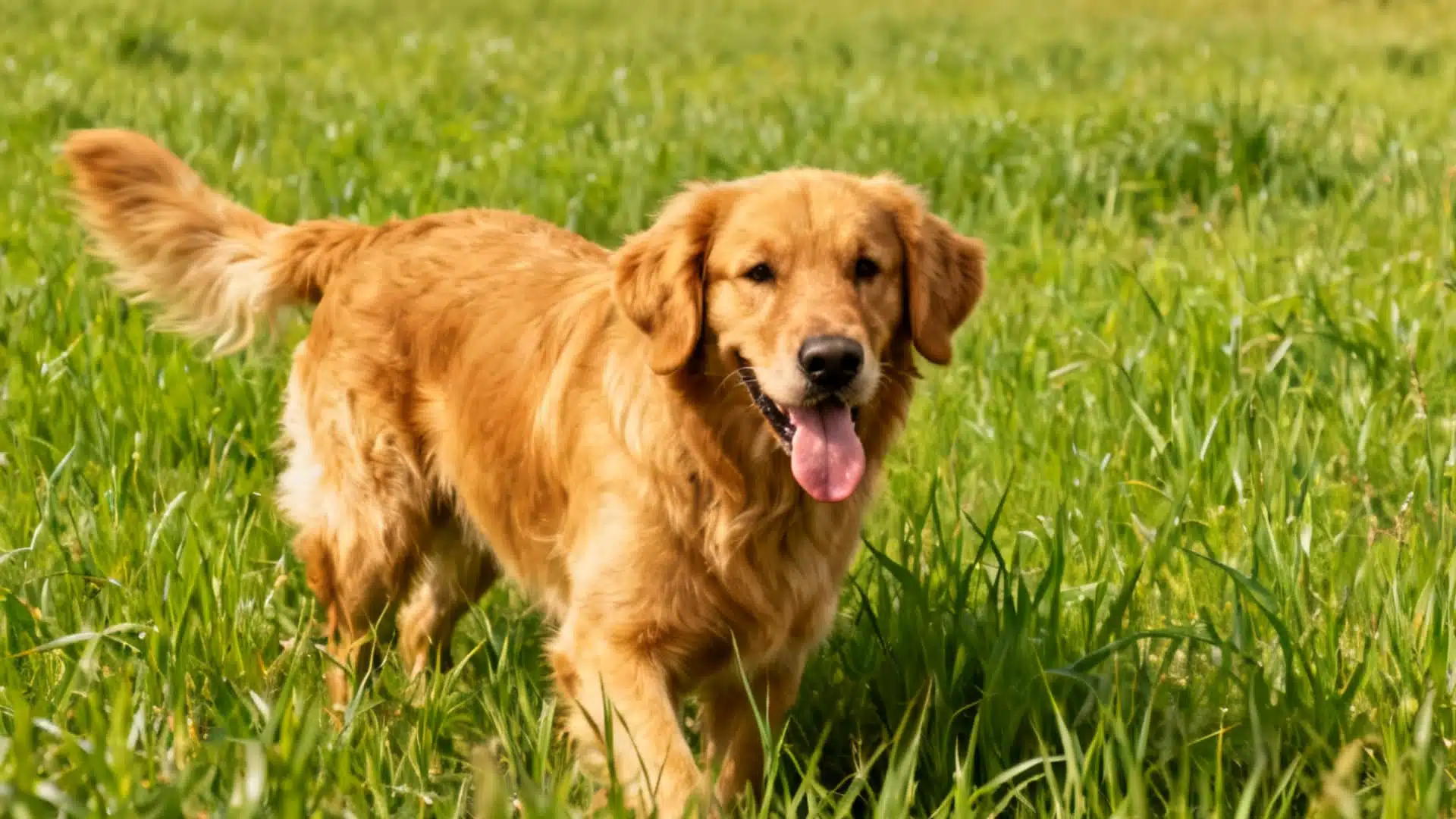 A golden retriever standing in a green grassy field with its mouth open and tongue out