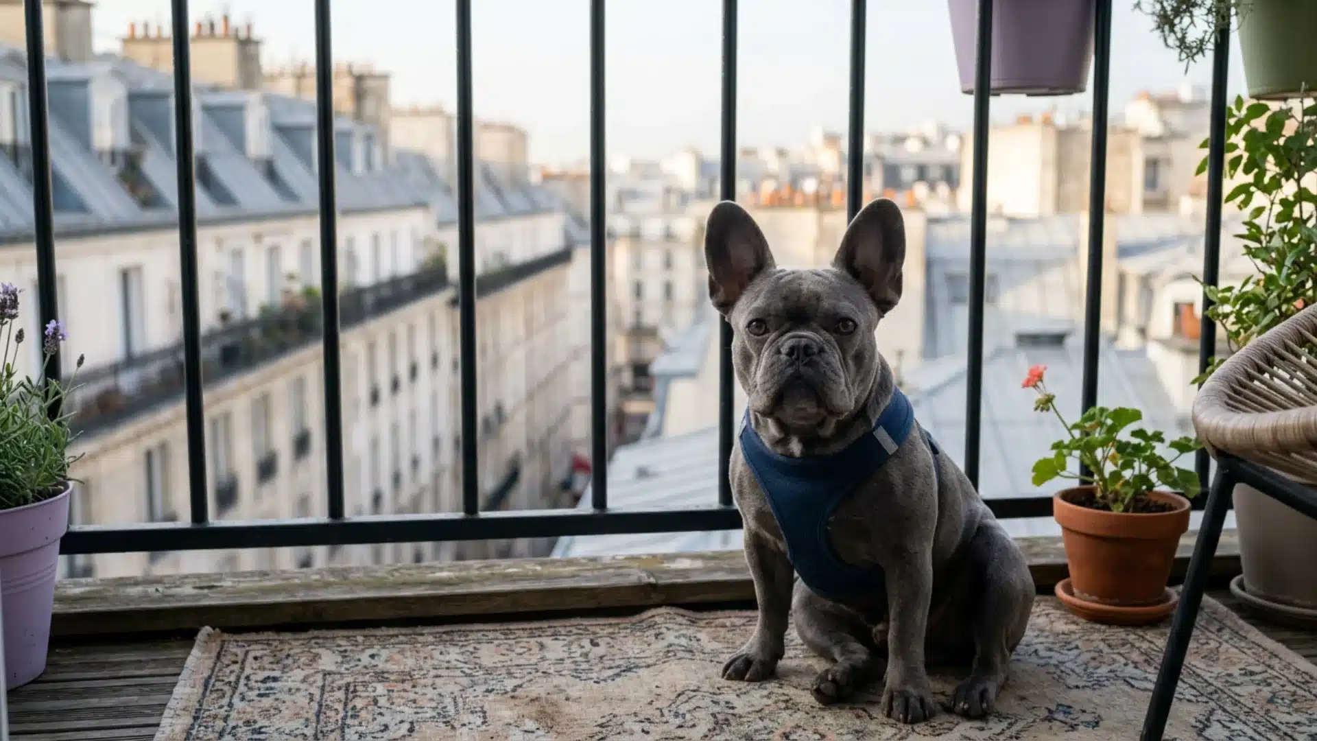 A gray French bulldog wearing a blue harness sits on a balcony with potted plants, overlooking city rooftops.