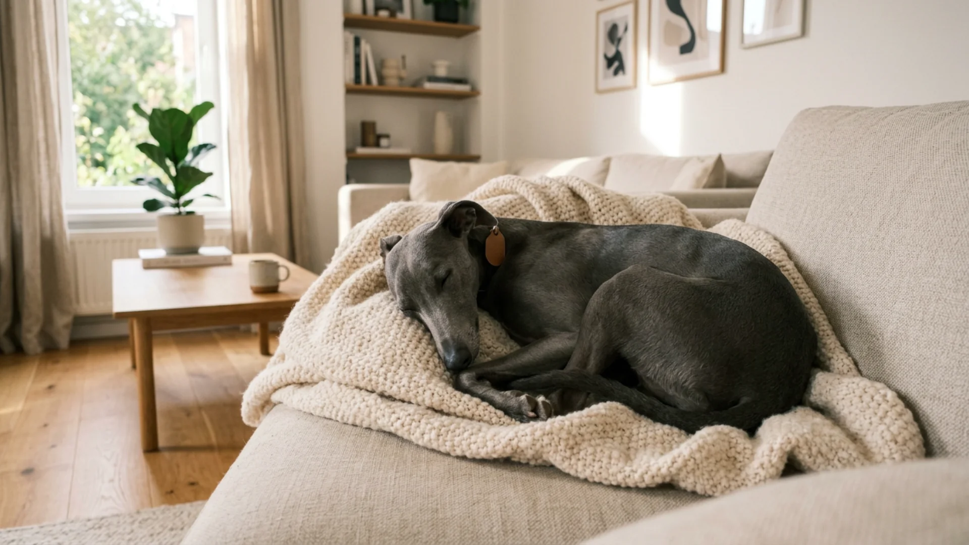 A gray Whippet sleeps curled up on a chunky knit blanket on a sofa in a bright, cozy living room.