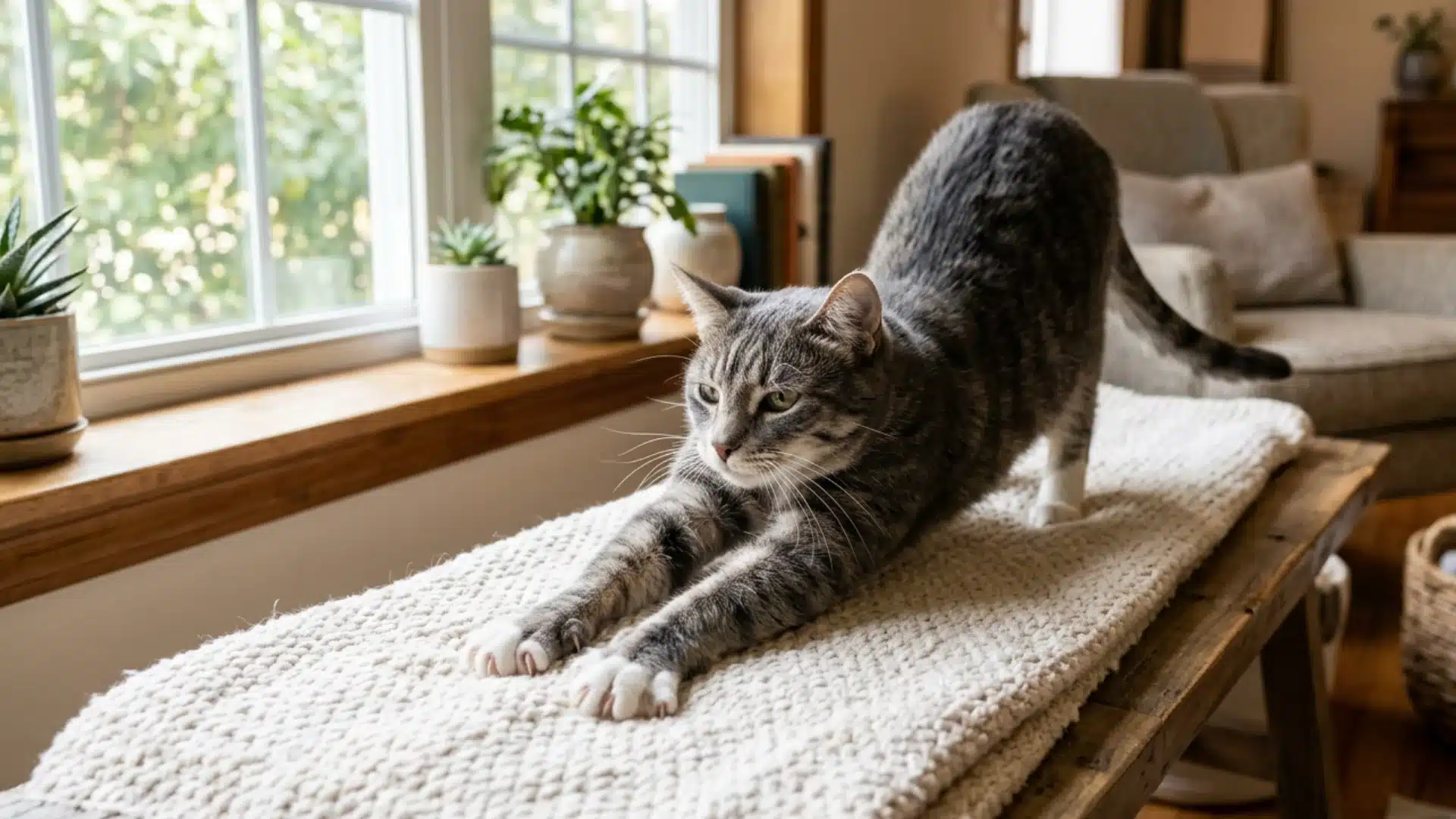 A grey tabby cat stretches on a woven blanket on a bench by a window in