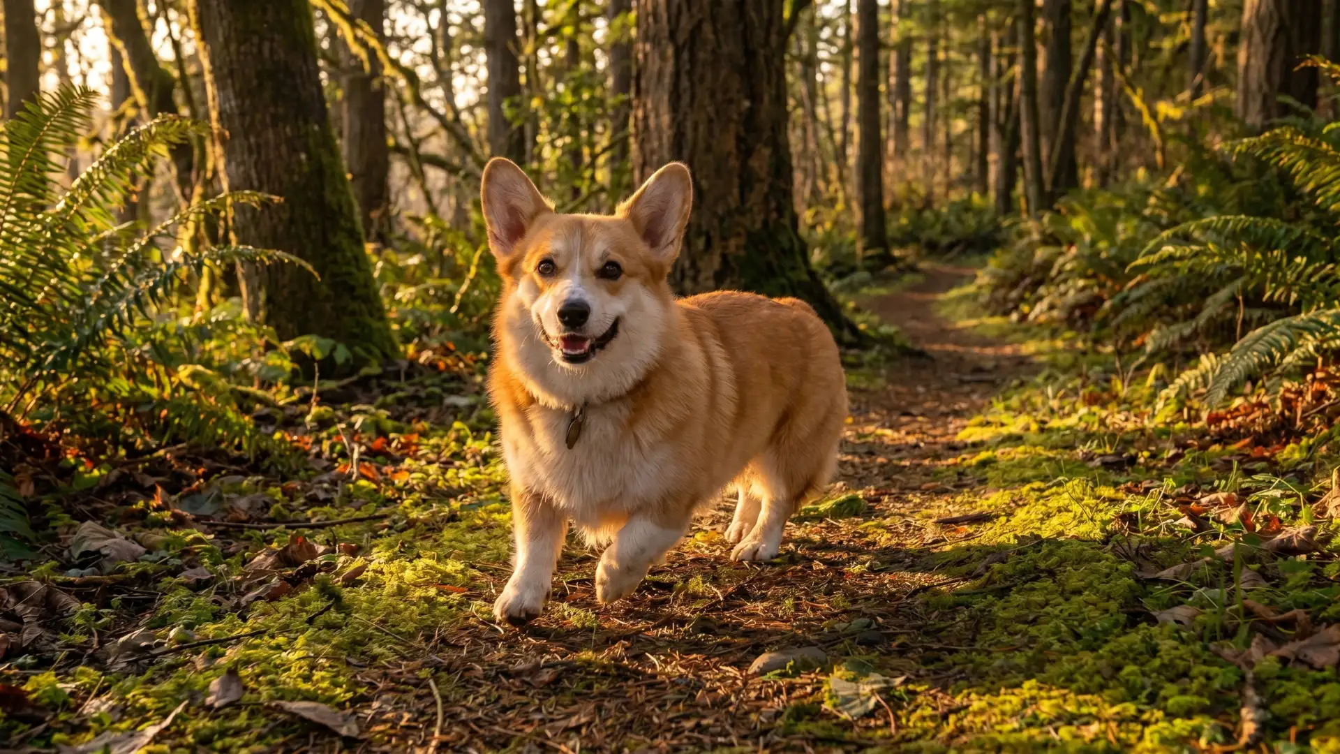 A happy corgi walks along a mossy forest trail surrounded by ferns and tall trees in warm golden light.