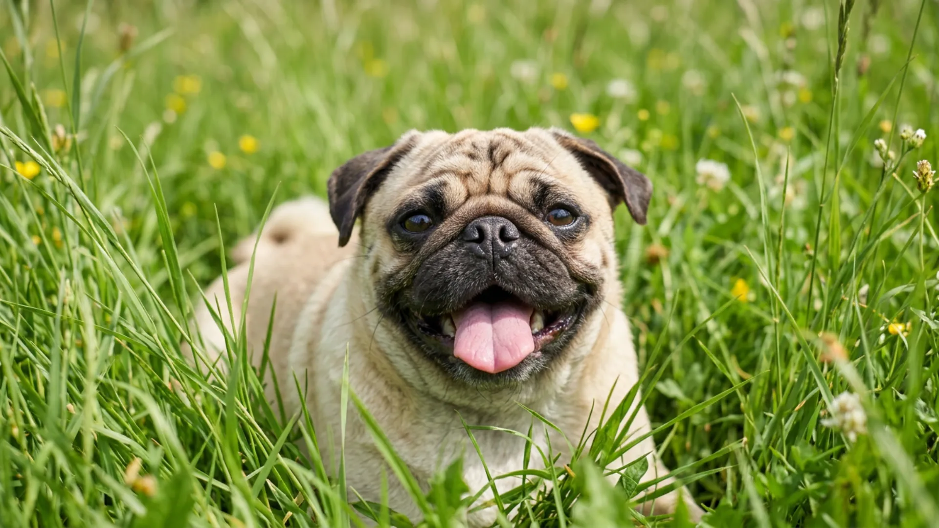 A happy pug lies in tall green grass with its tongue out, surrounded by small wildflowers.