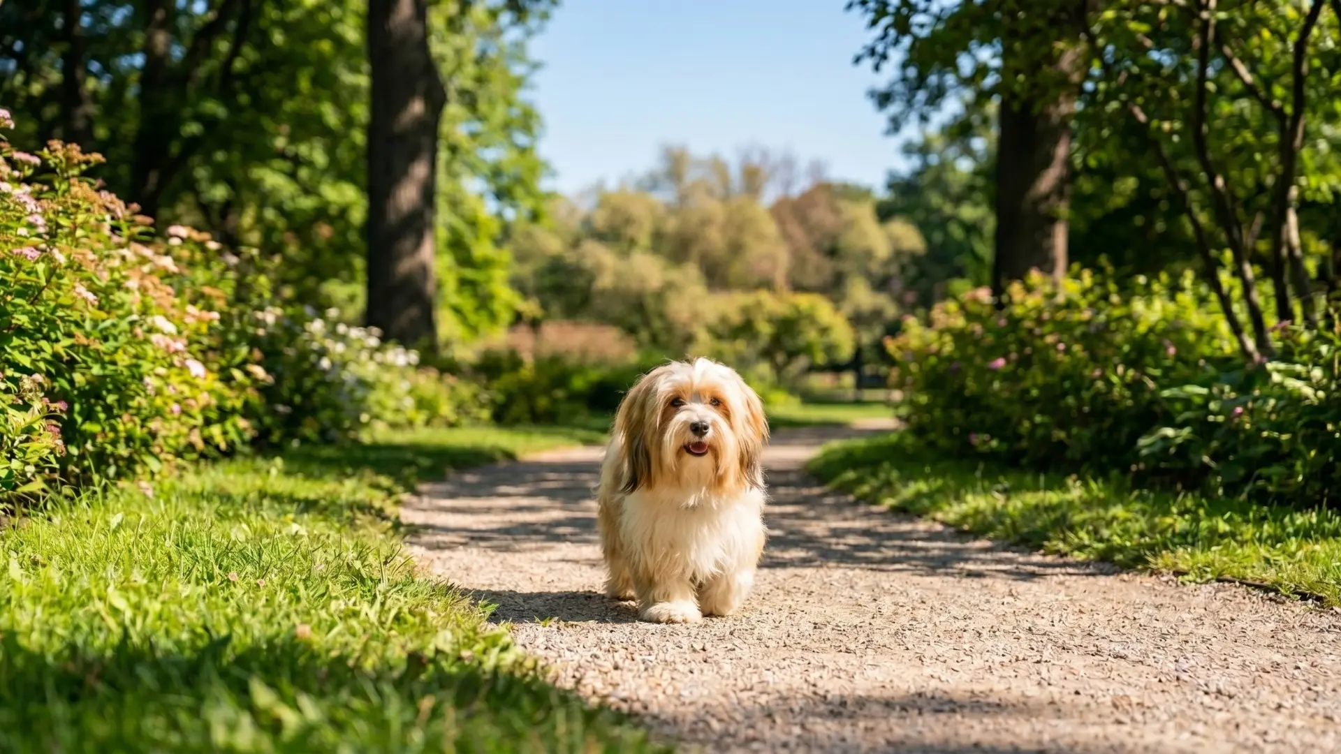 A Havanese dog with a silky flowing tan and white coat walks along a sunlit gravel path in a lush green park, surrounded by trees and flowering bushes.