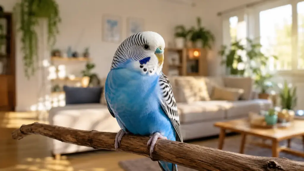 A healthy blue and white budgie perched on a wooden branch, showing signs of good care and long budgie lifespan
