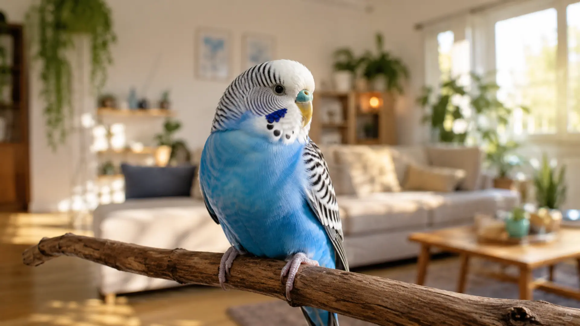A healthy blue and white budgie perched on a wooden branch, showing signs of good care and long budgie lifespan