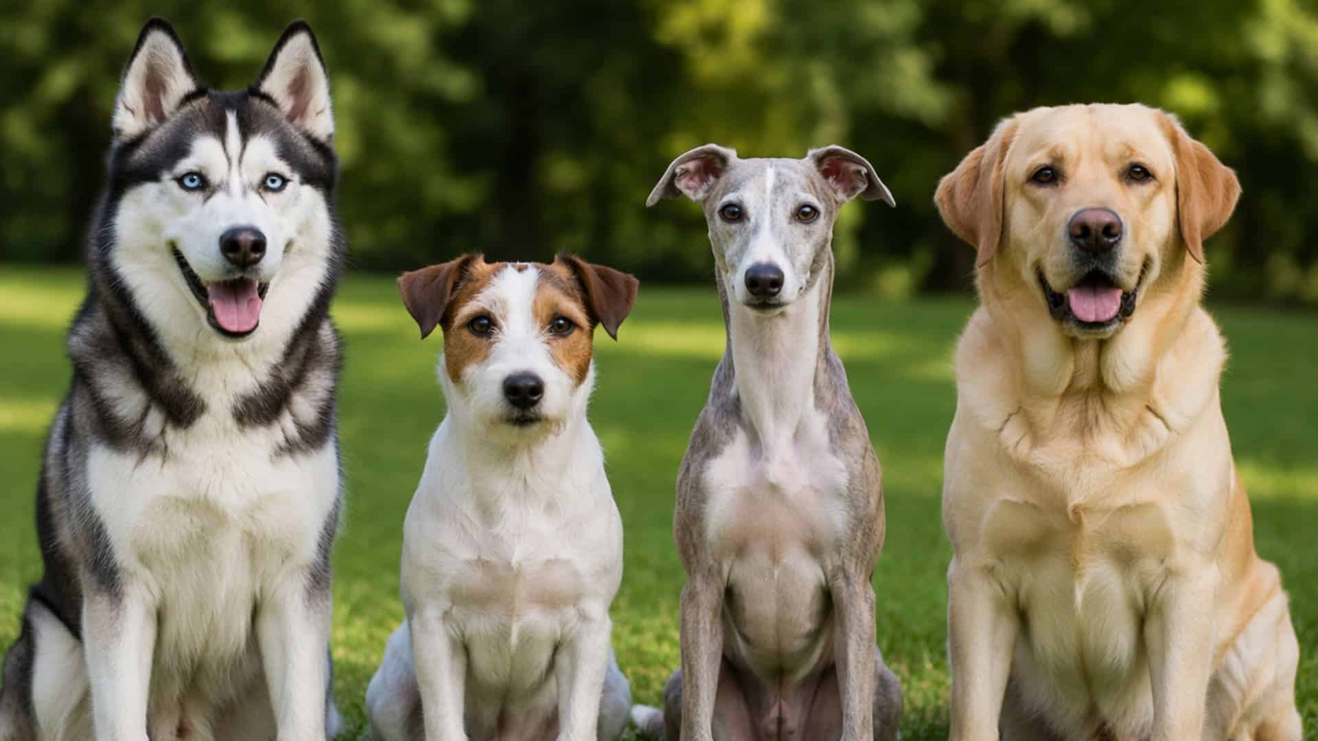 A Husky, Jack Russell, Whippet, and Labrador—sitting side-by-side on green grass