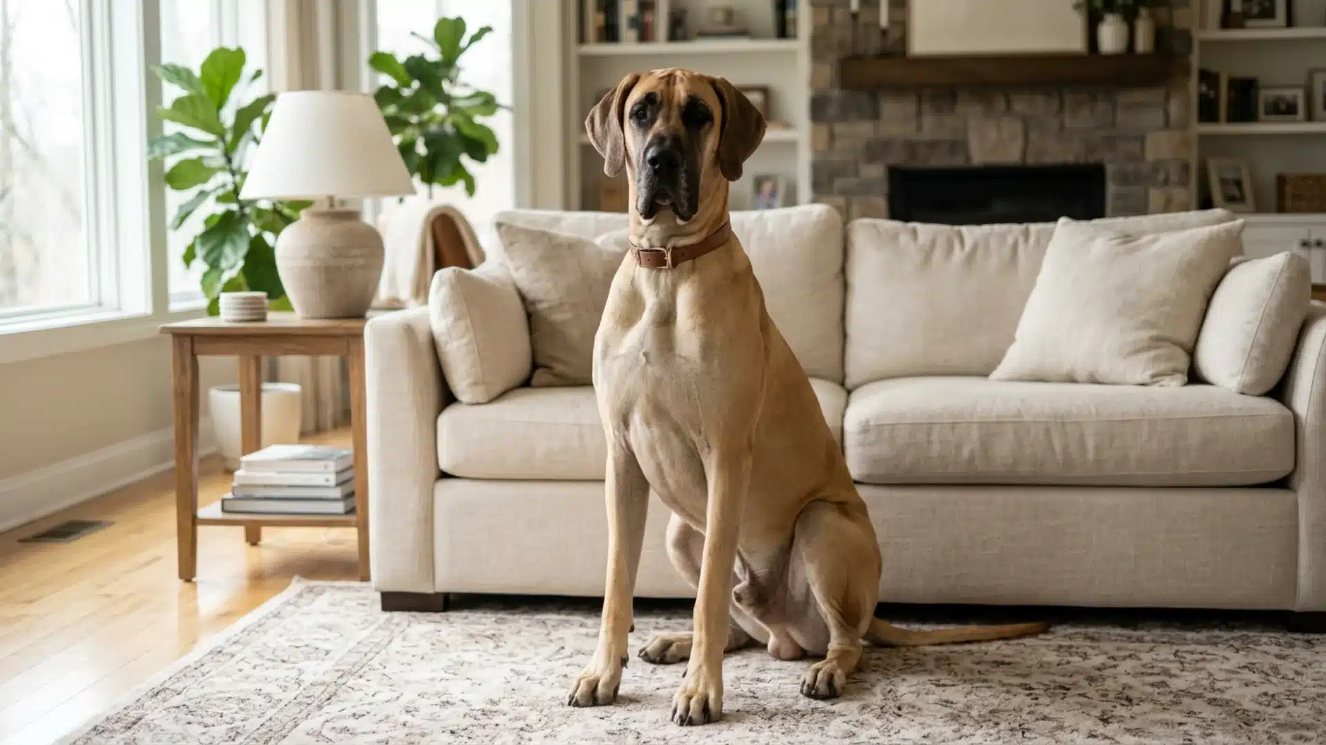 A large tan Great Dane sits upright on a patterned rug in front of a beige sofa in a bright living room.