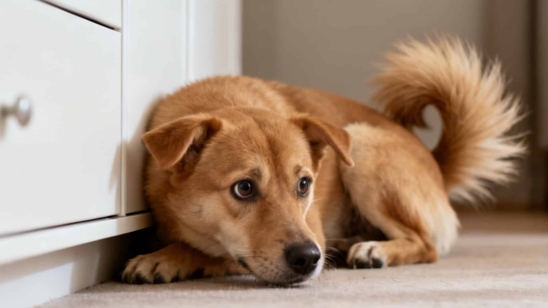 A light brown dog with a curled tail cringes on the floor next to a white cabinet, looking anxious