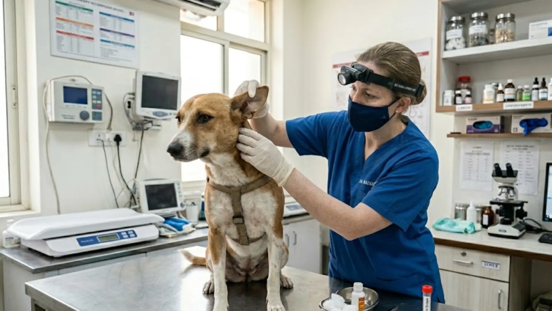 A masked veterinarian in a headlamp examines a tan and white dog on a clinic table for lice