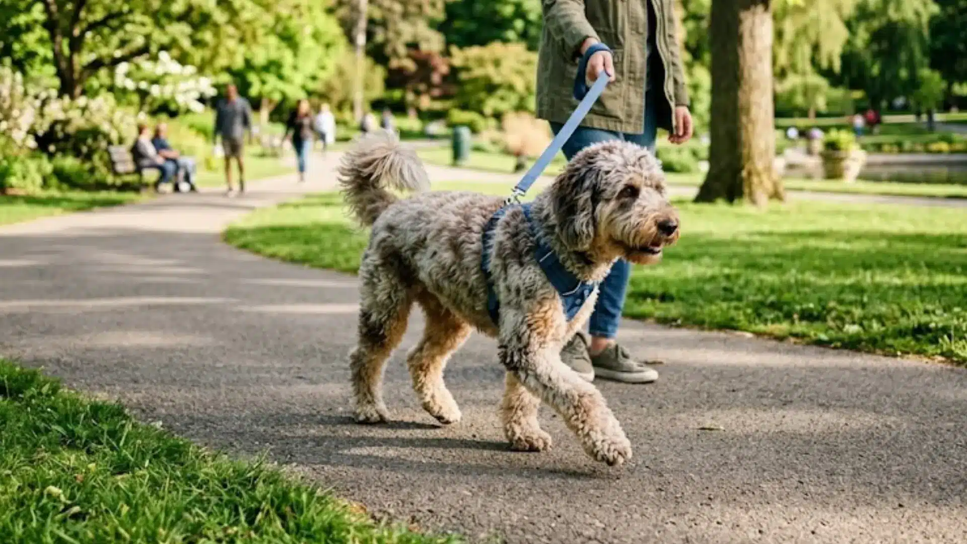 A person walks her Whoodle dog on a leash along a park pathway on a sunny day