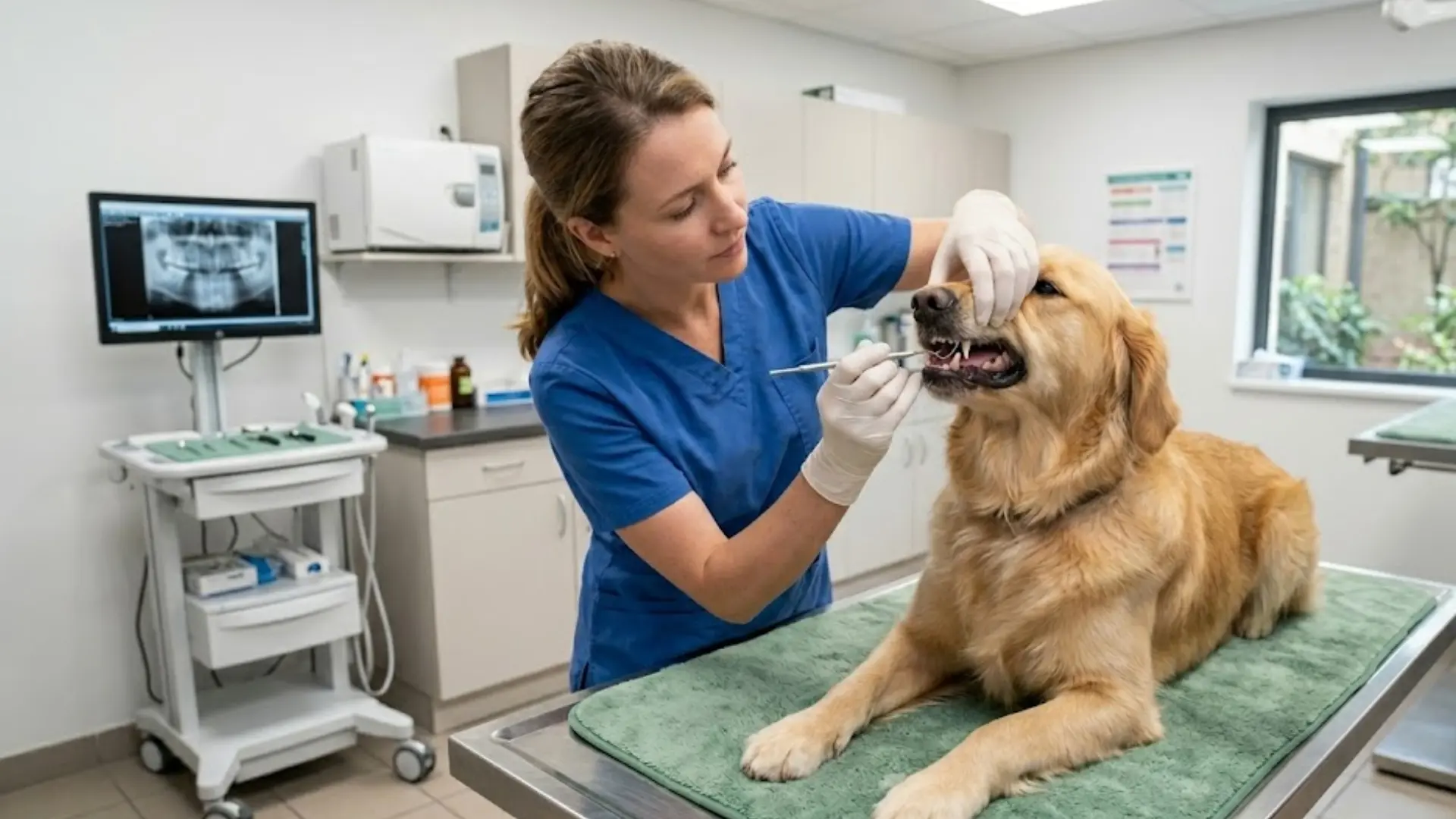 A photo of a veterinarian in blue scrubs examining the teeth of a Golden Retriever dog