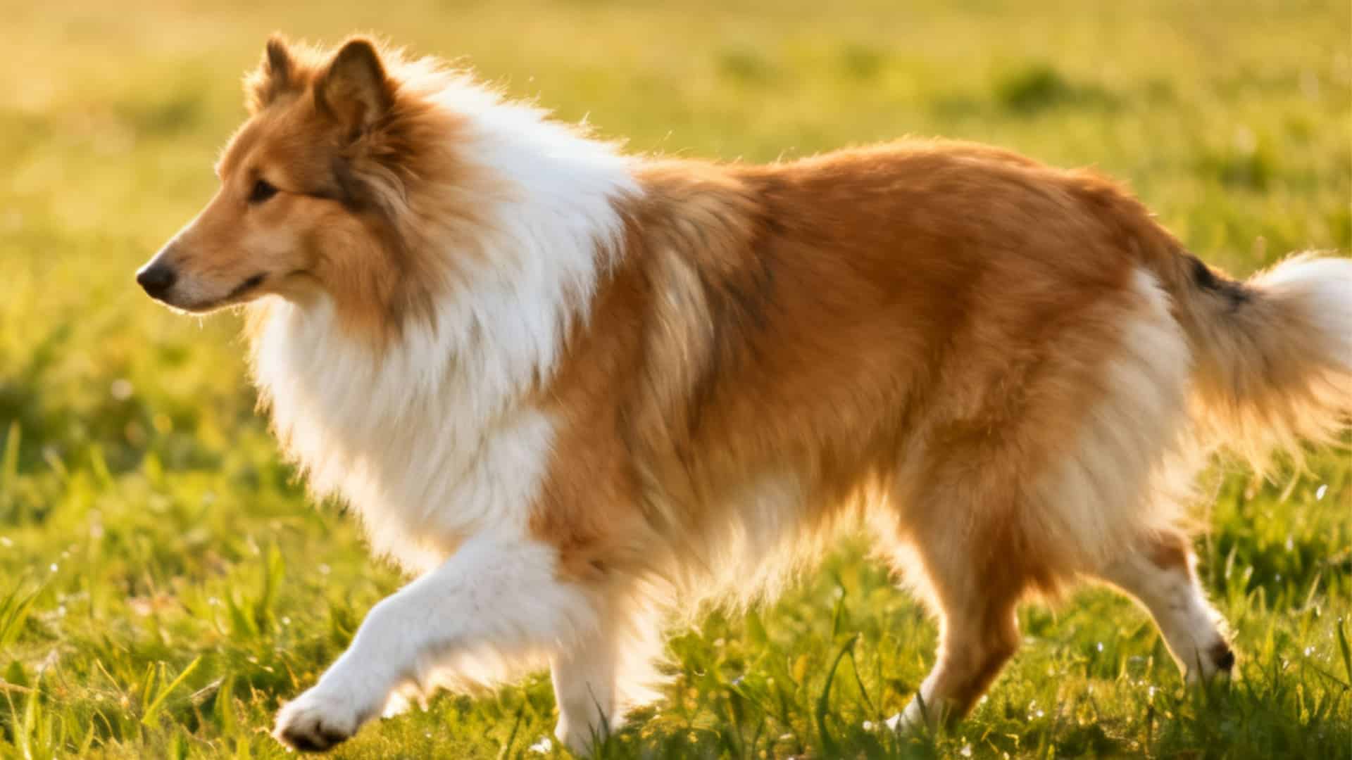A sable and white Rough Collie trotting through a sunlit green field during golden hour
