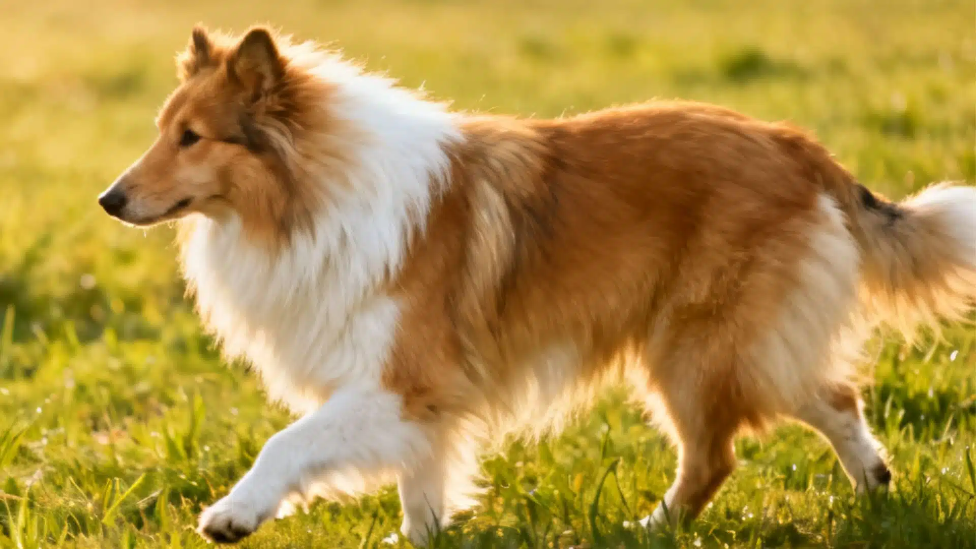 A sable and white Rough Collie trotting through a sunlit green field during golden hour