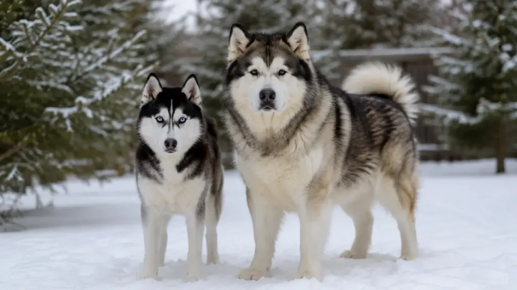 A sleek Siberian Husky with blue eyes stands next to a much larger, fluffy Alaskan Malamute in the snow