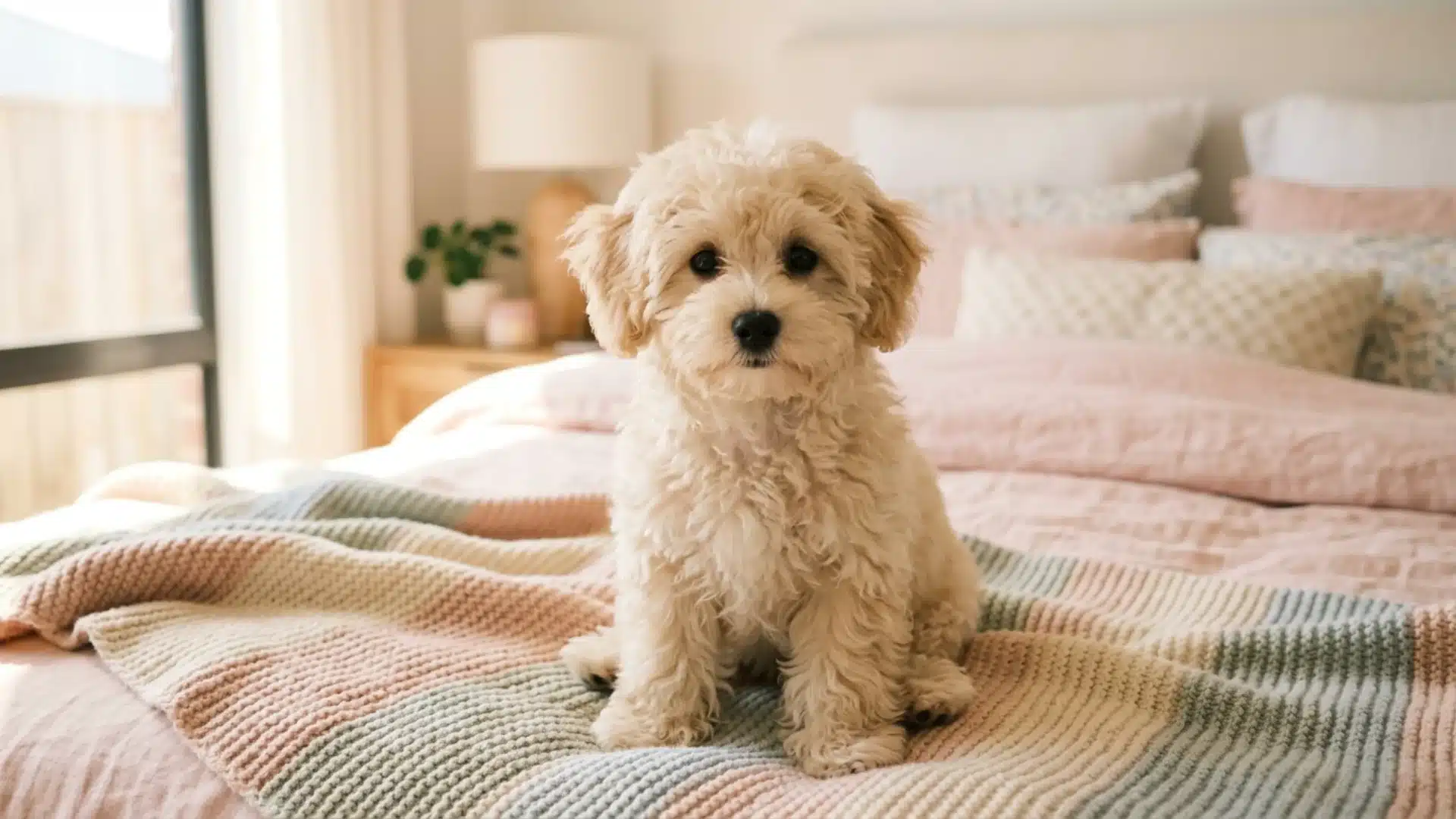 A small fluffy puppy sits on a pastel striped blanket on a bed in a softly lit bedroom.