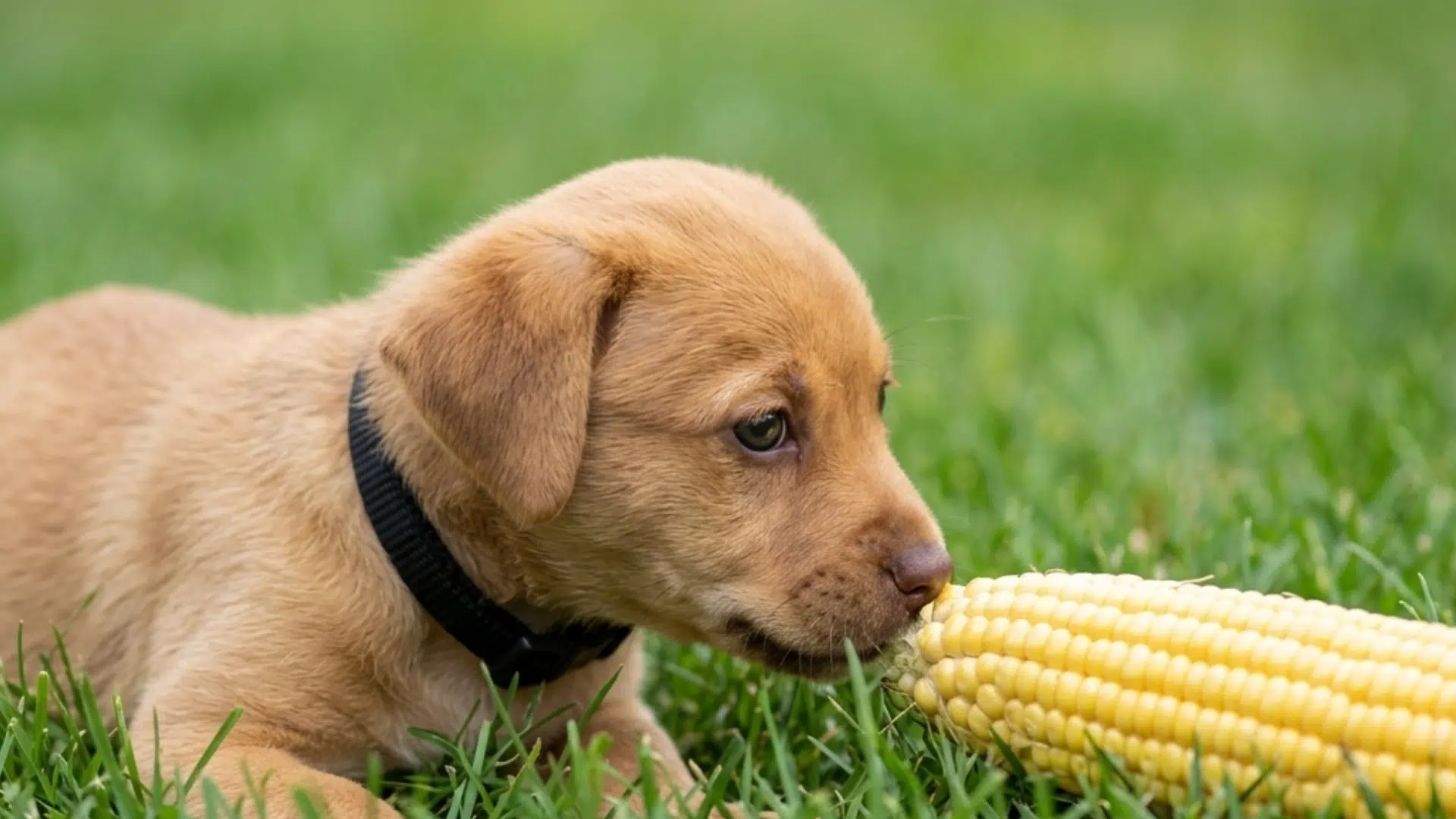A small, light-brown puppy with a black collar lies in the grass and gnaws on a whole raw corn cob