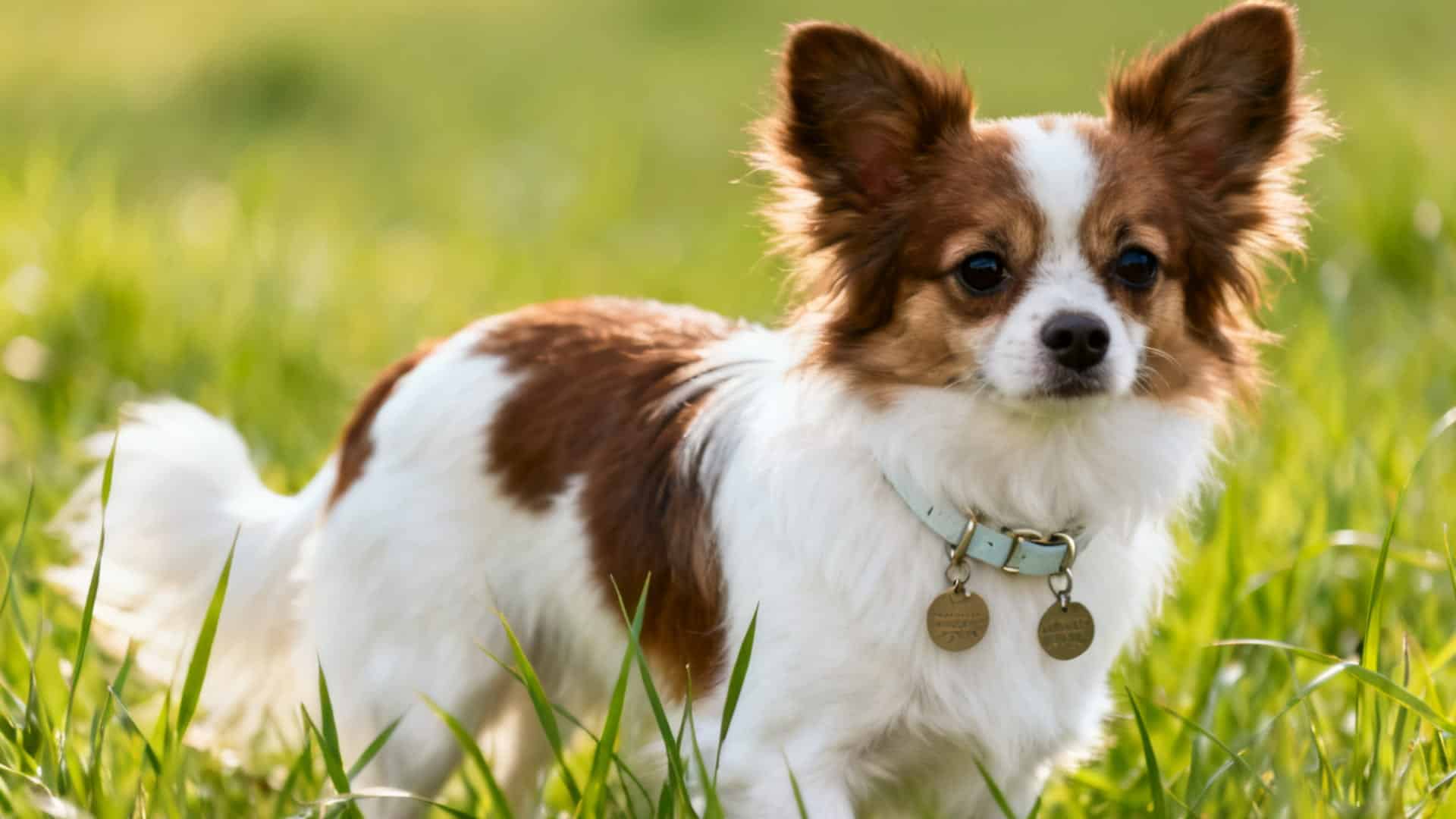 A small, long-haired Papillon dog wearing a light blue collar stands in tall green grass