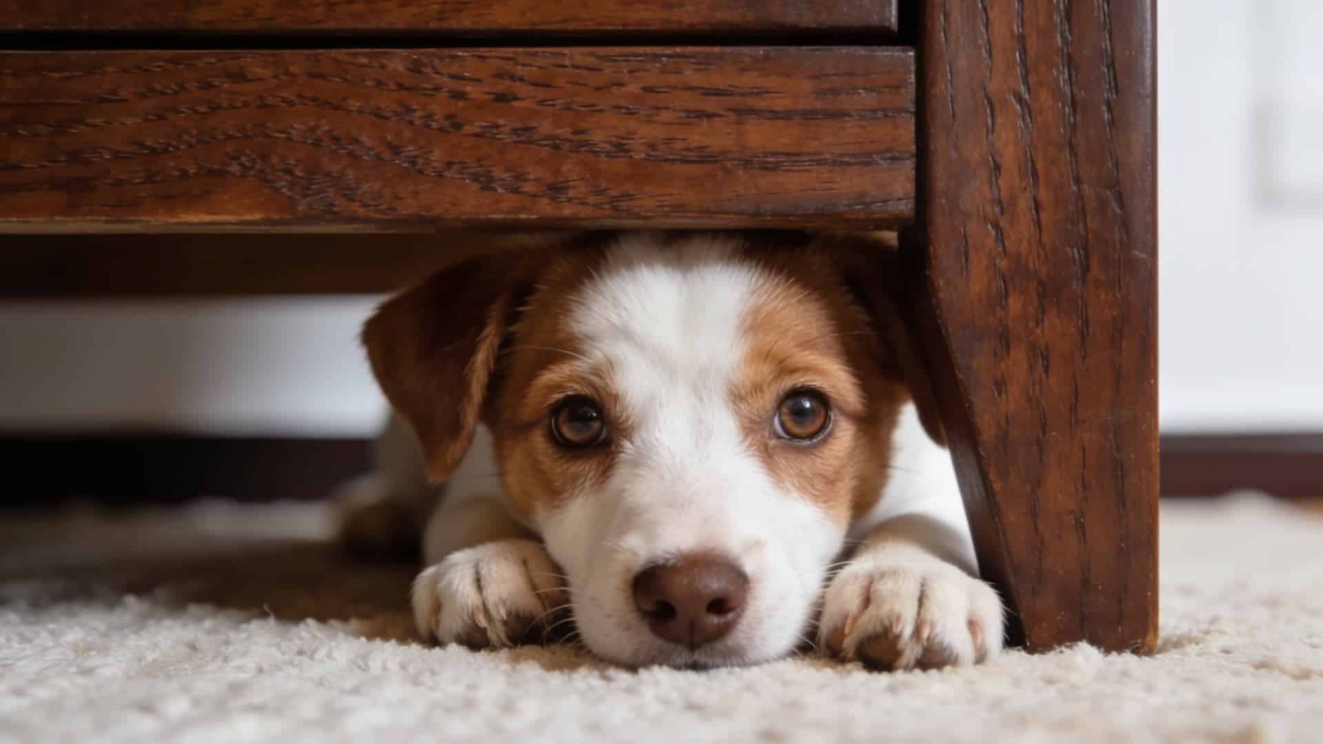 A small white and brown puppy hides under a wooden piece of furniture, looking forward with wide, anxious eyes