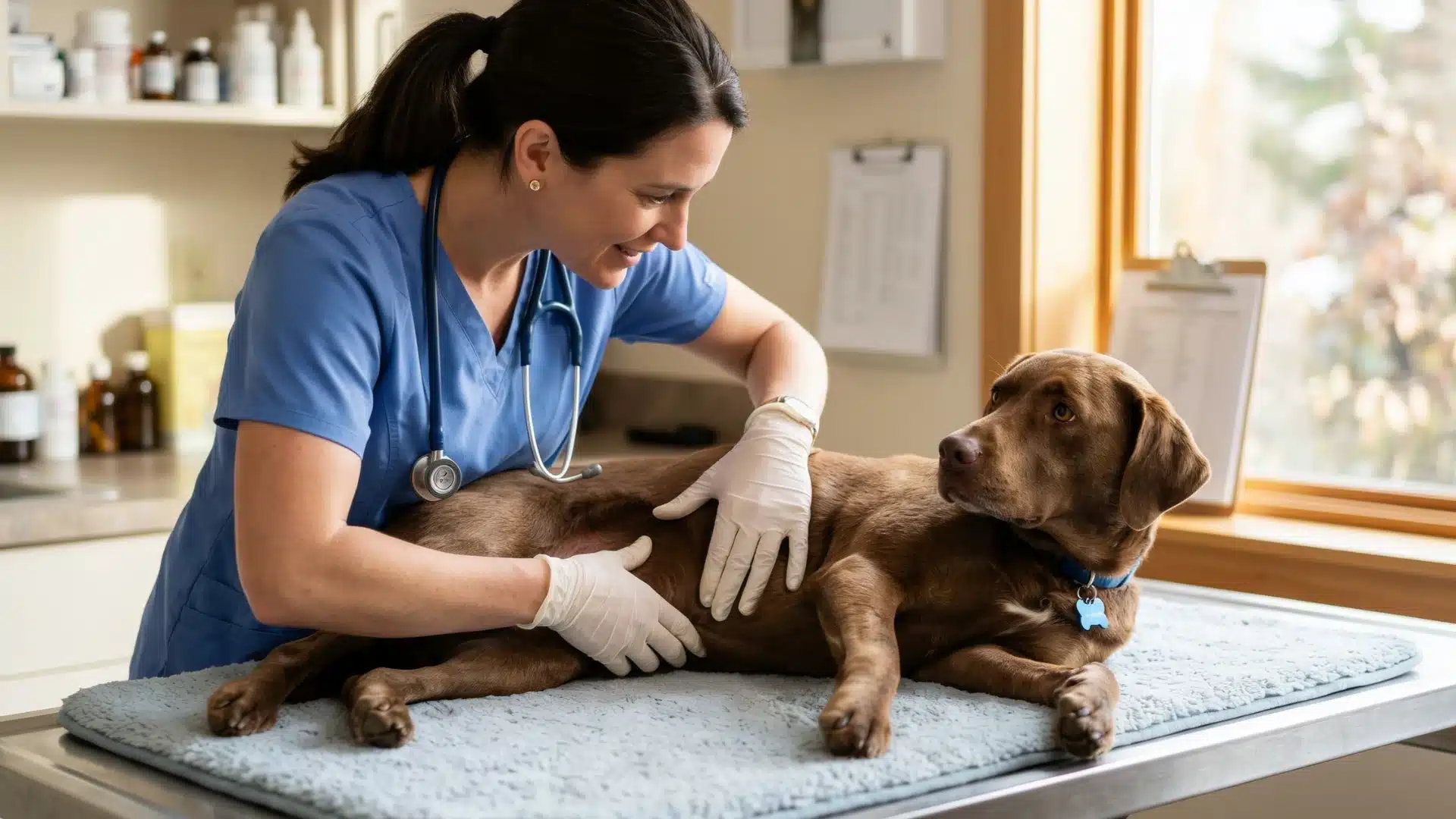 A smiling female veterinarian wearing blue scrubs and gloves examines a chocolate lab lying on an exam table