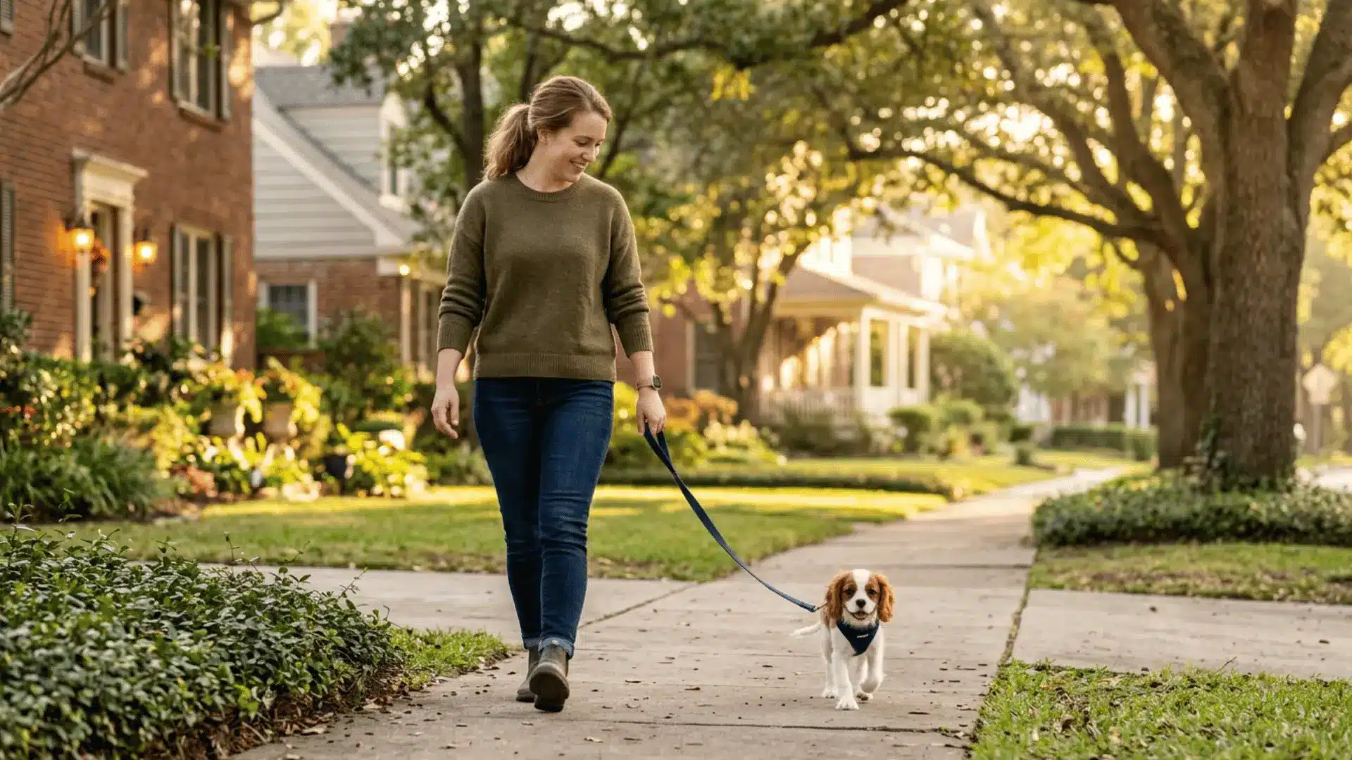 A smiling woman walks her small, brown-and-white puppy on a leash down a suburban sidewalk at sunset