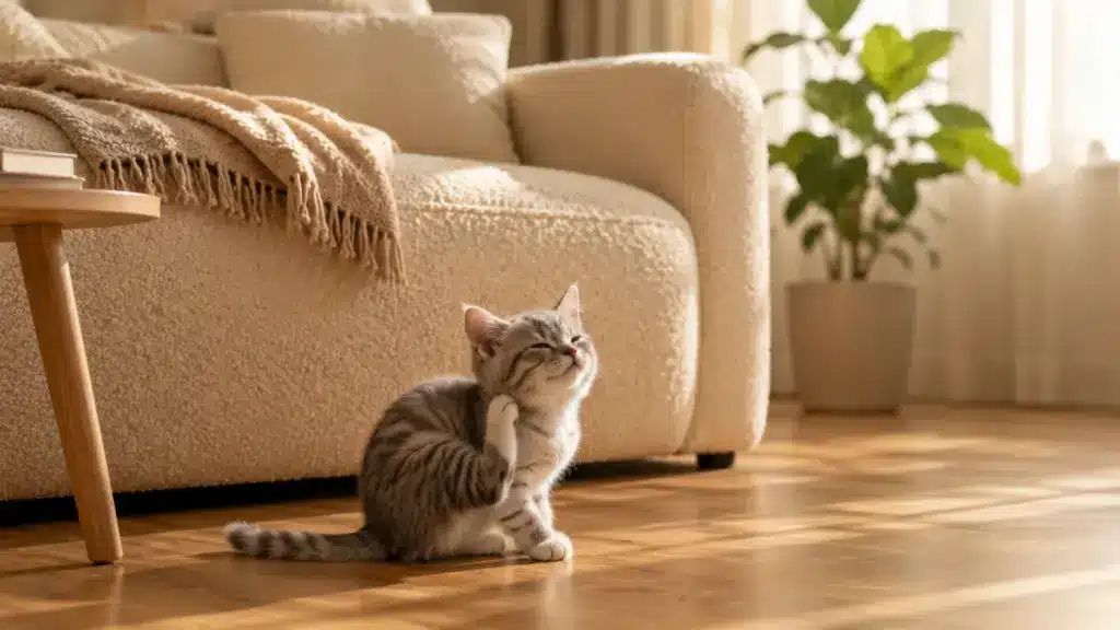 A striped grey kitten sits on a wooden floor in a sunlit living room, scratching its neck with a hind leg