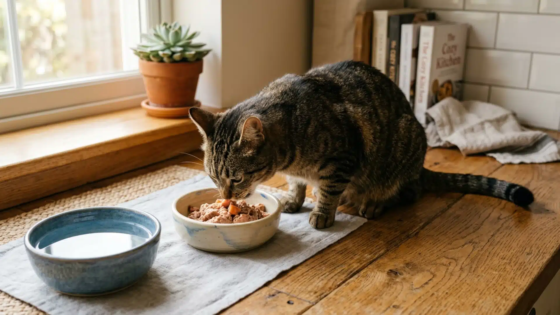A tabby cat eats from a bowl on a wooden counter beside a water dish and potted plant near a sunny window.