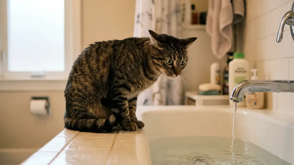 A tabby cat sits on the edge of a bathtub, intently watching running water flow from the faucet