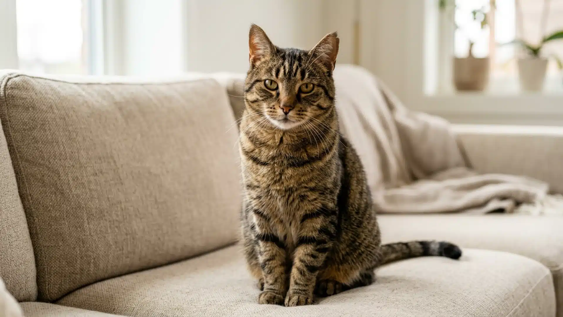 A tabby cat sits upright on a beige sofa in a softly lit living room.