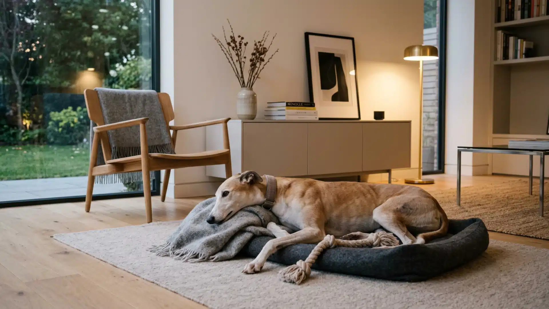 A tan greyhound rests on a dog bed in a modern living room, with a rope toy nearby.
