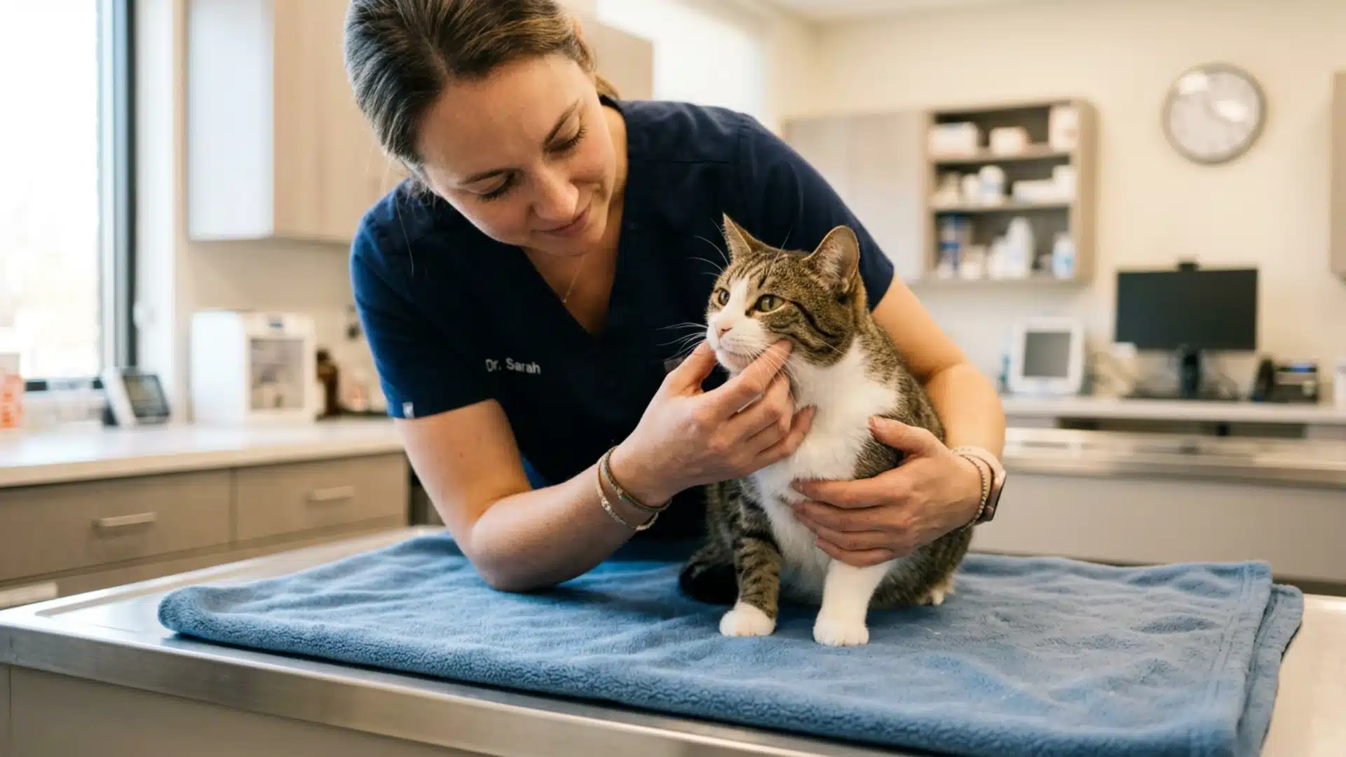 A veterinarian gently examines a tabby and white cat on an exam table in a veterinary clinic.