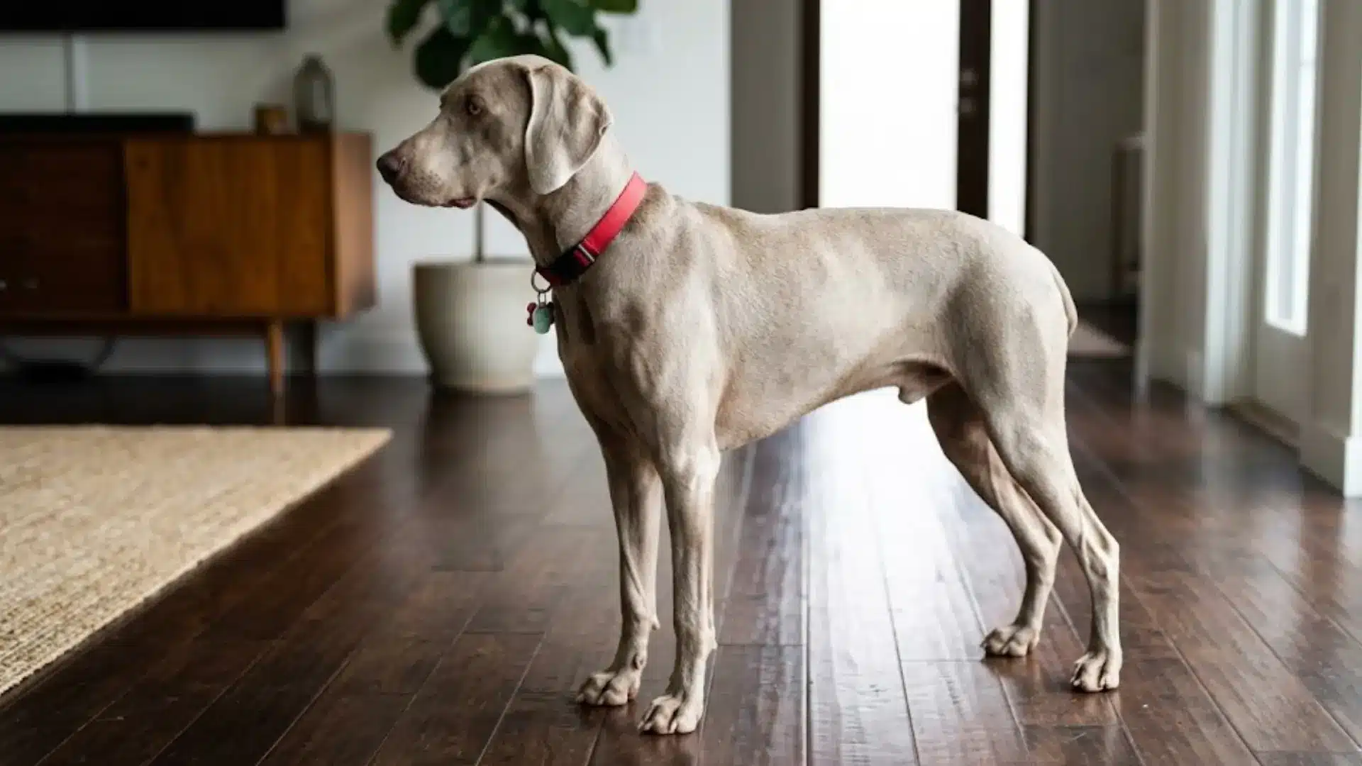 A Weimaraner dog with a red collar stands on a dark wood floor