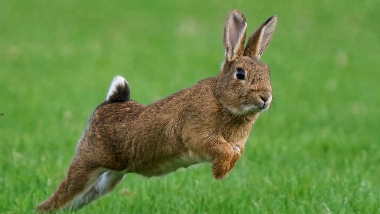 A wild brown rabbit mid-bound, leaping across a vibrant green grass field