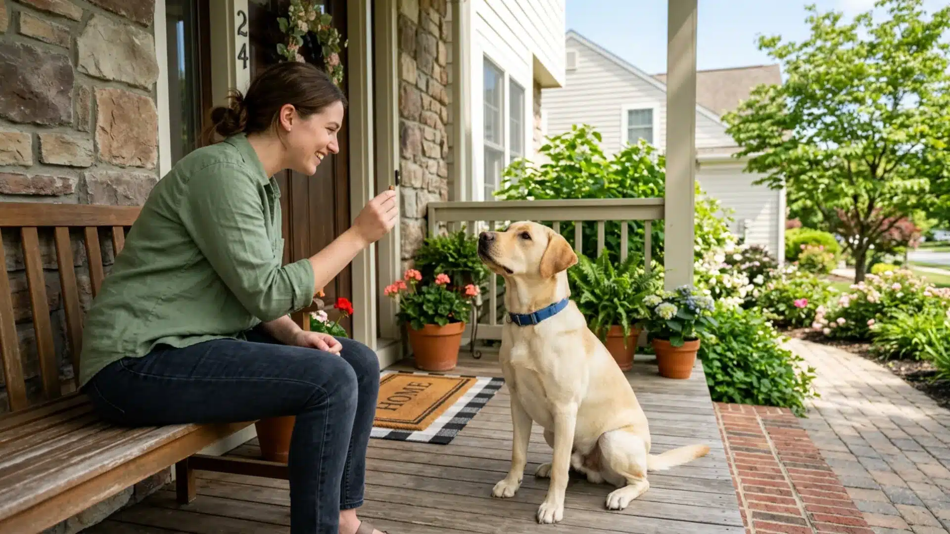 A woman sits on a front porch, smiling as she holds a treat for a yellow Labrador sitting attentively among potted plants.