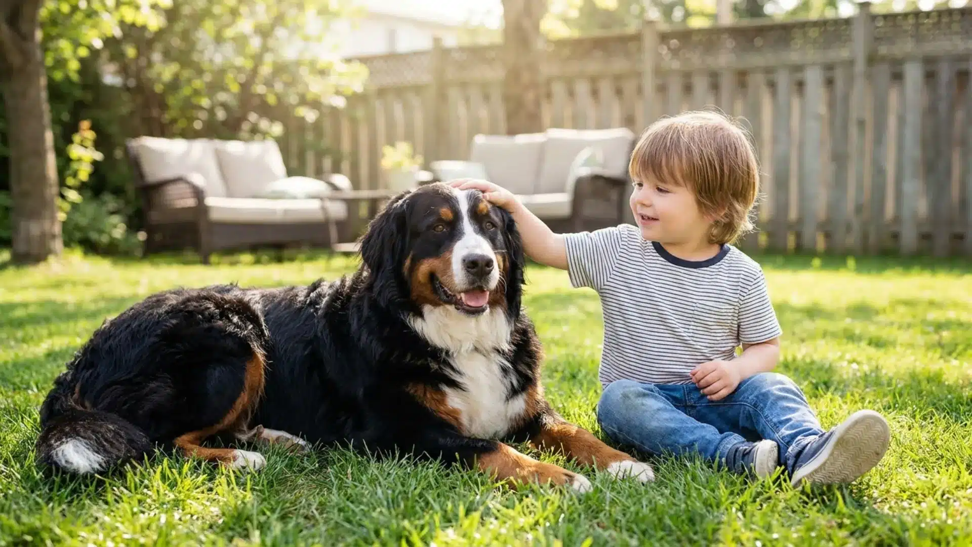 A young child sits in the grass and pets a large black, brown, and white dog in a sunny backyard.