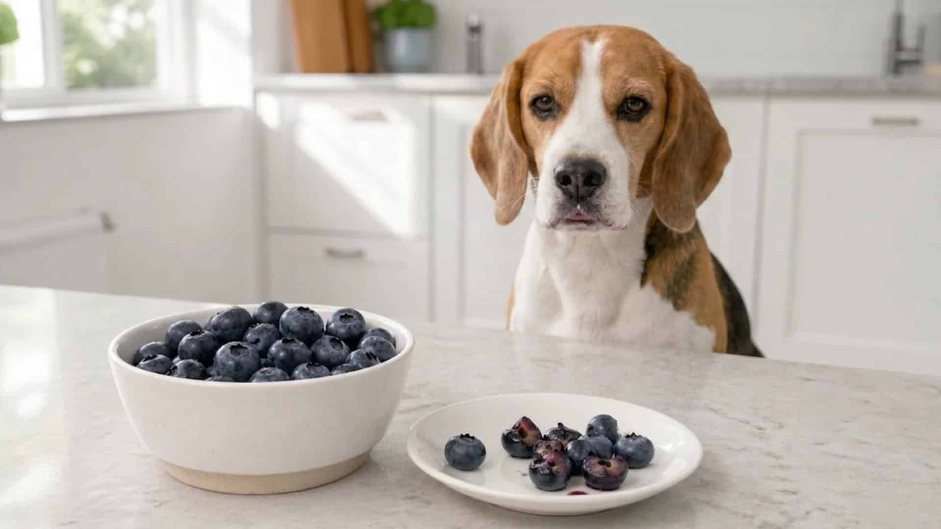 A Beagle dog sits behind a kitchen counter looking at two bowls of blueberries