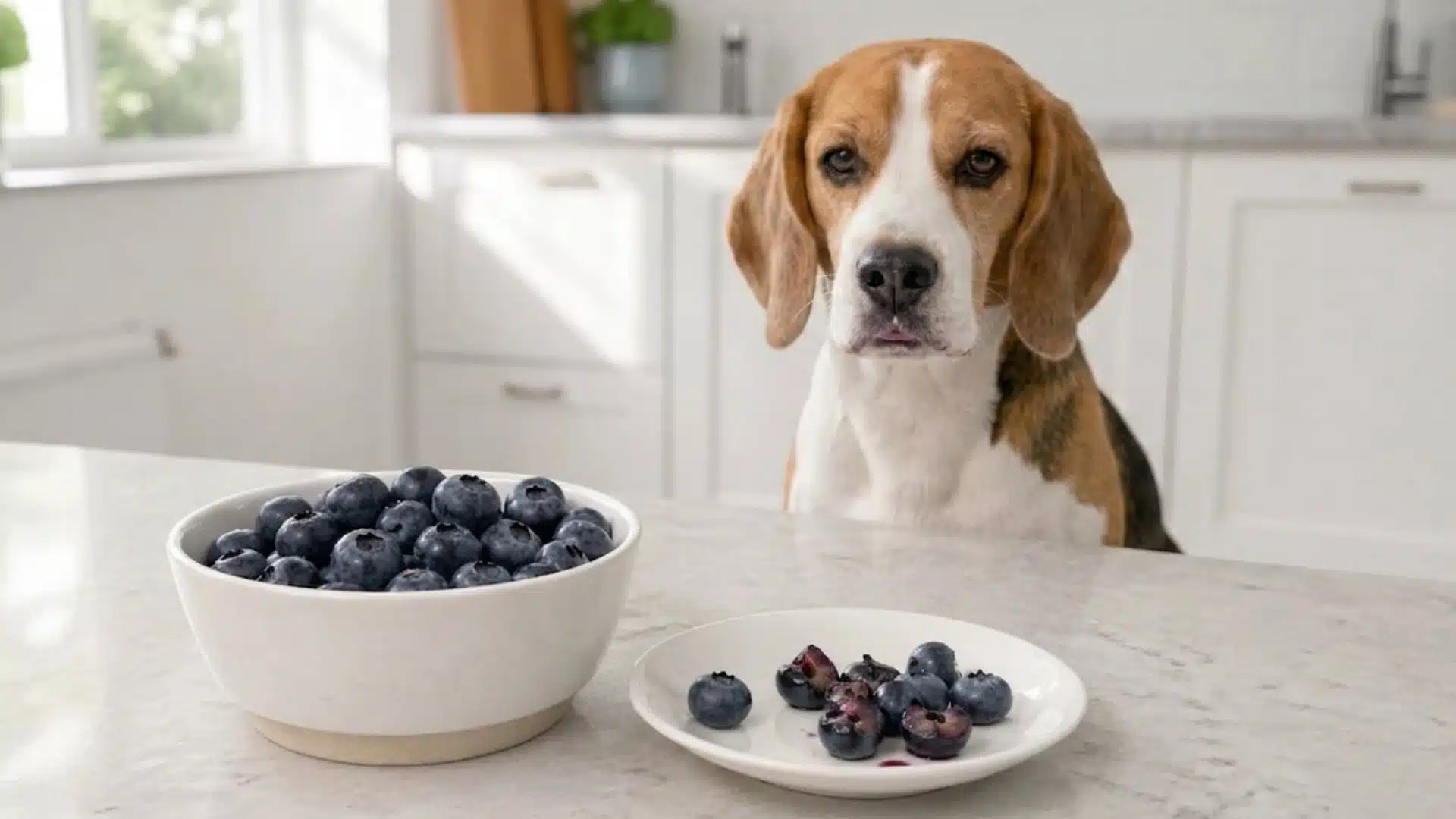 A Beagle dog sits behind a kitchen counter looking at two bowls of blueberries
